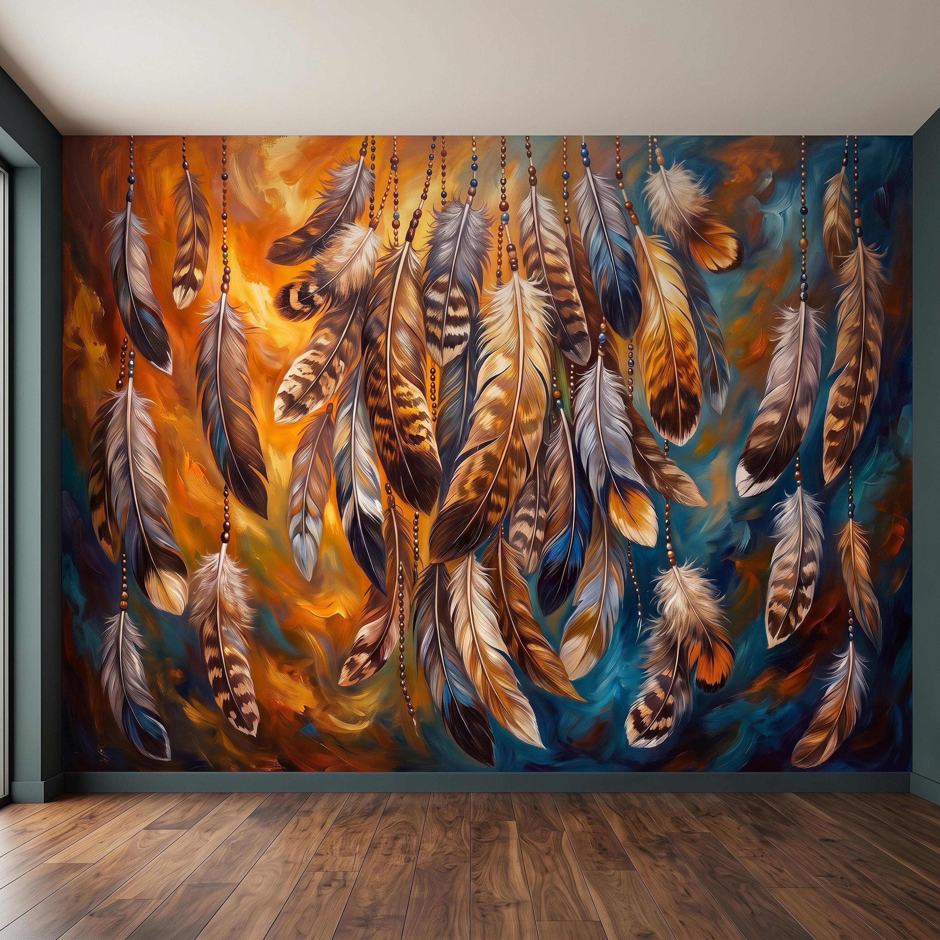 Bohemian Feather Peel and Stick Wall Mural, Hanging Beaded Feathers Southwestern Teal Burnt Orange Abstract Wallpaper