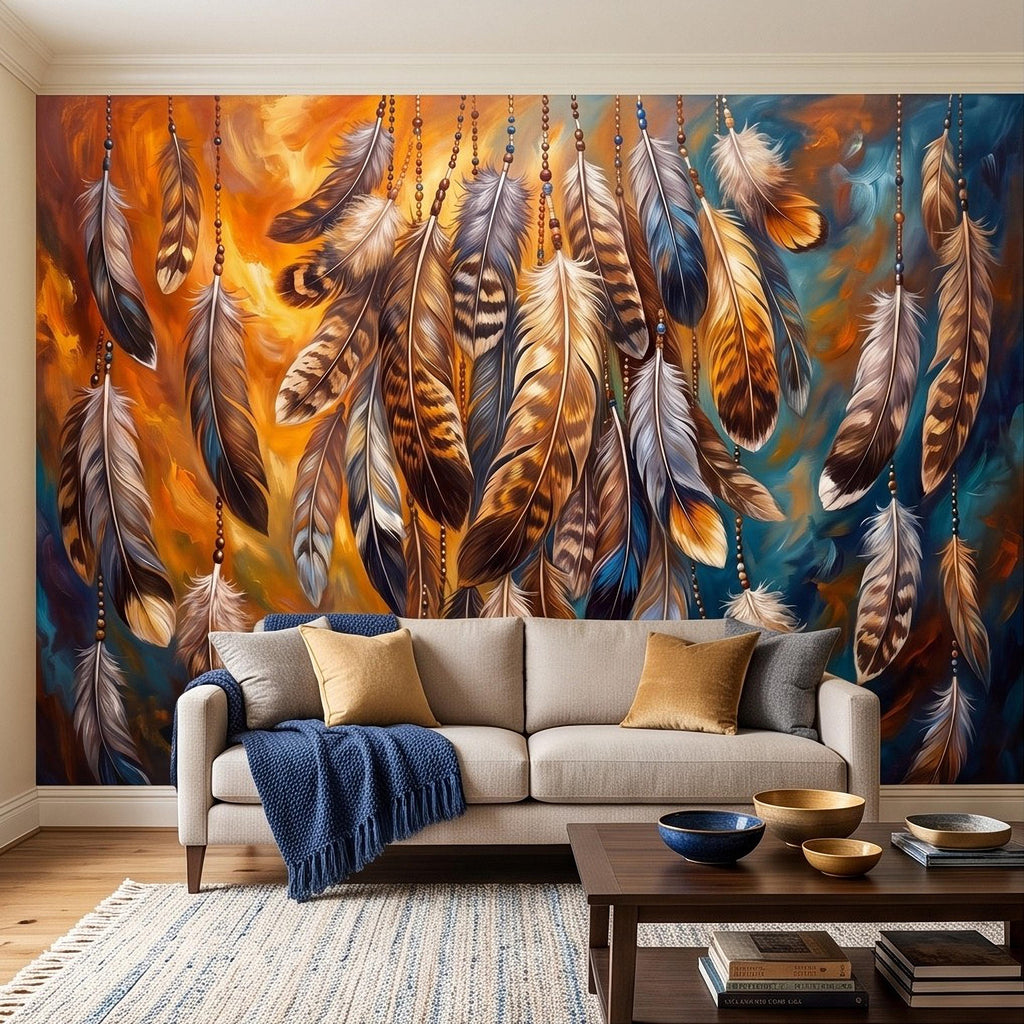 Bohemian Feather Peel and Stick Wall Mural, Hanging Beaded Feathers Southwestern Teal Burnt Orange Abstract Wallpaper