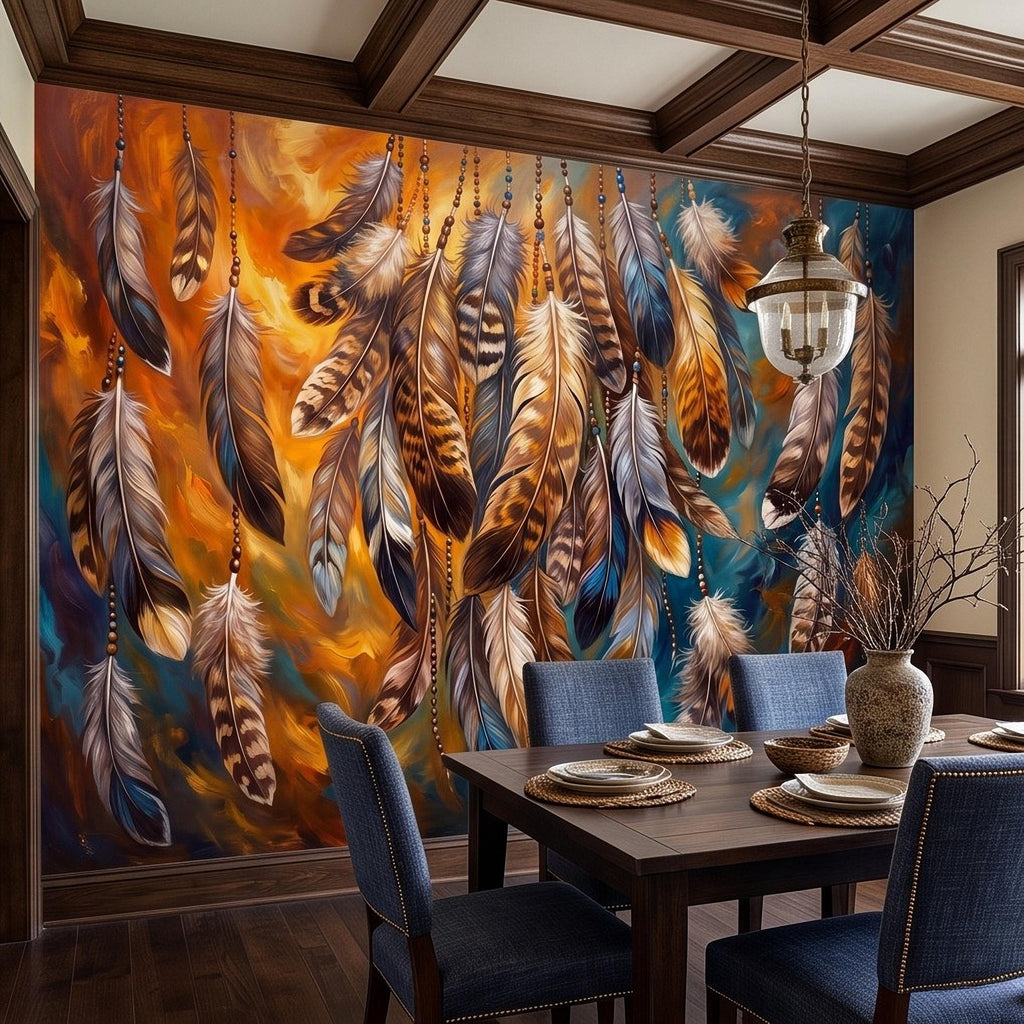 Bohemian Feather Peel and Stick Wall Mural, Hanging Beaded Feathers Southwestern Teal Burnt Orange Abstract Wallpaper