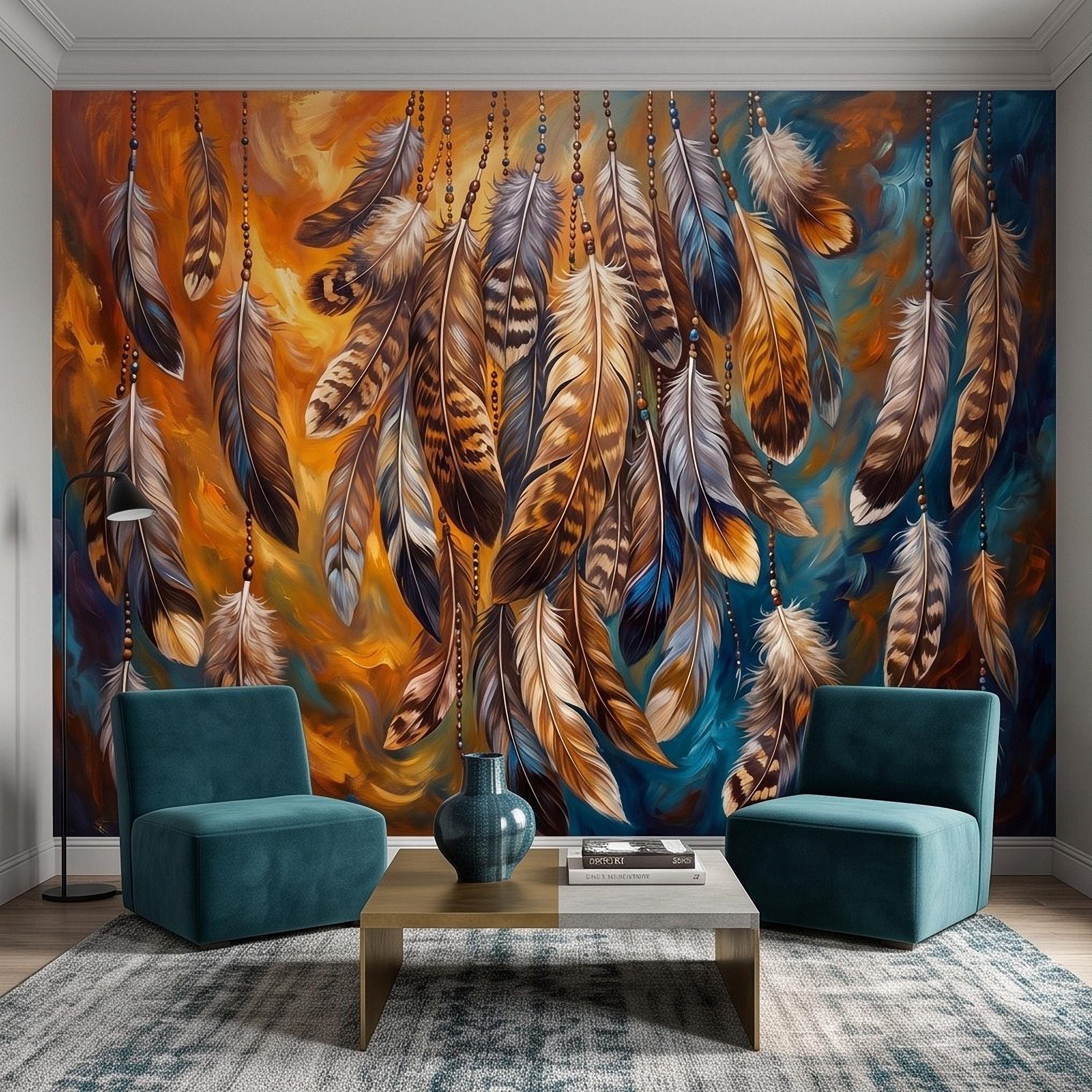 Bohemian Feather Peel and Stick Wall Mural, Hanging Beaded Feathers Southwestern Teal Burnt Orange Abstract Wallpaper