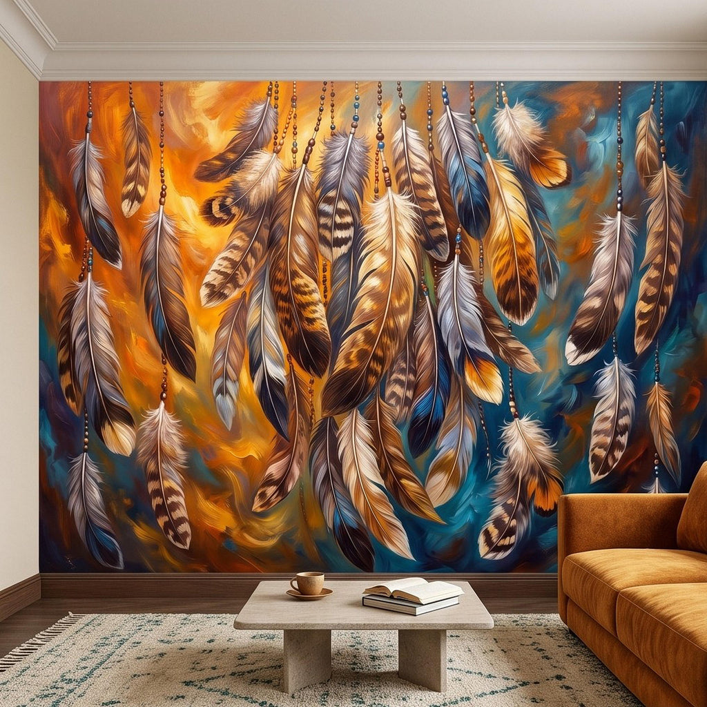 Bohemian Feather Peel and Stick Wall Mural, Hanging Beaded Feathers Southwestern Teal Burnt Orange Abstract Wallpaper