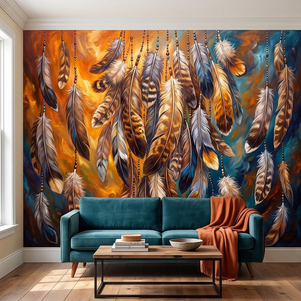 Bohemian Feather Peel and Stick Wall Mural, Hanging Beaded Feathers Southwestern Teal Burnt Orange Abstract Wallpaper