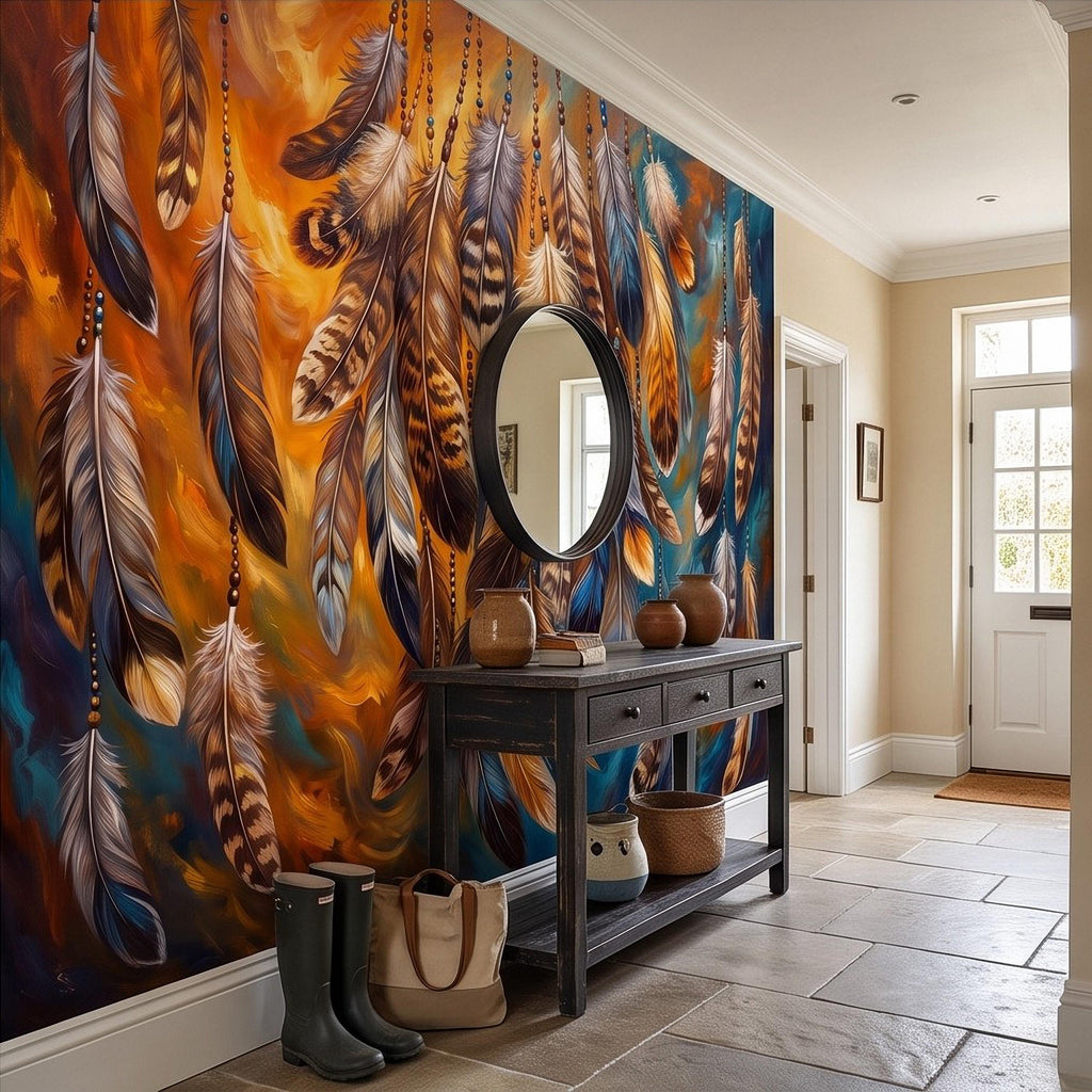 Bohemian Feather Peel and Stick Wall Mural, Hanging Beaded Feathers Southwestern Teal Burnt Orange Abstract Wallpaper