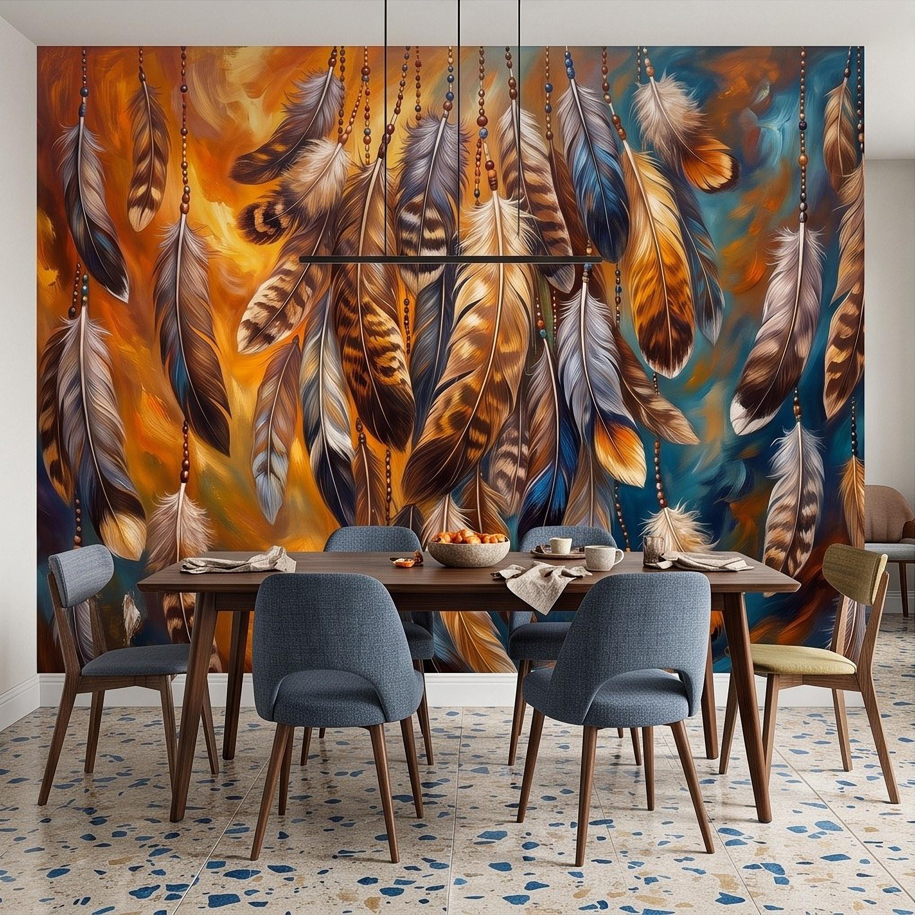 Bohemian Feather Peel and Stick Wall Mural, Hanging Beaded Feathers Southwestern Teal Burnt Orange Abstract Wallpaper