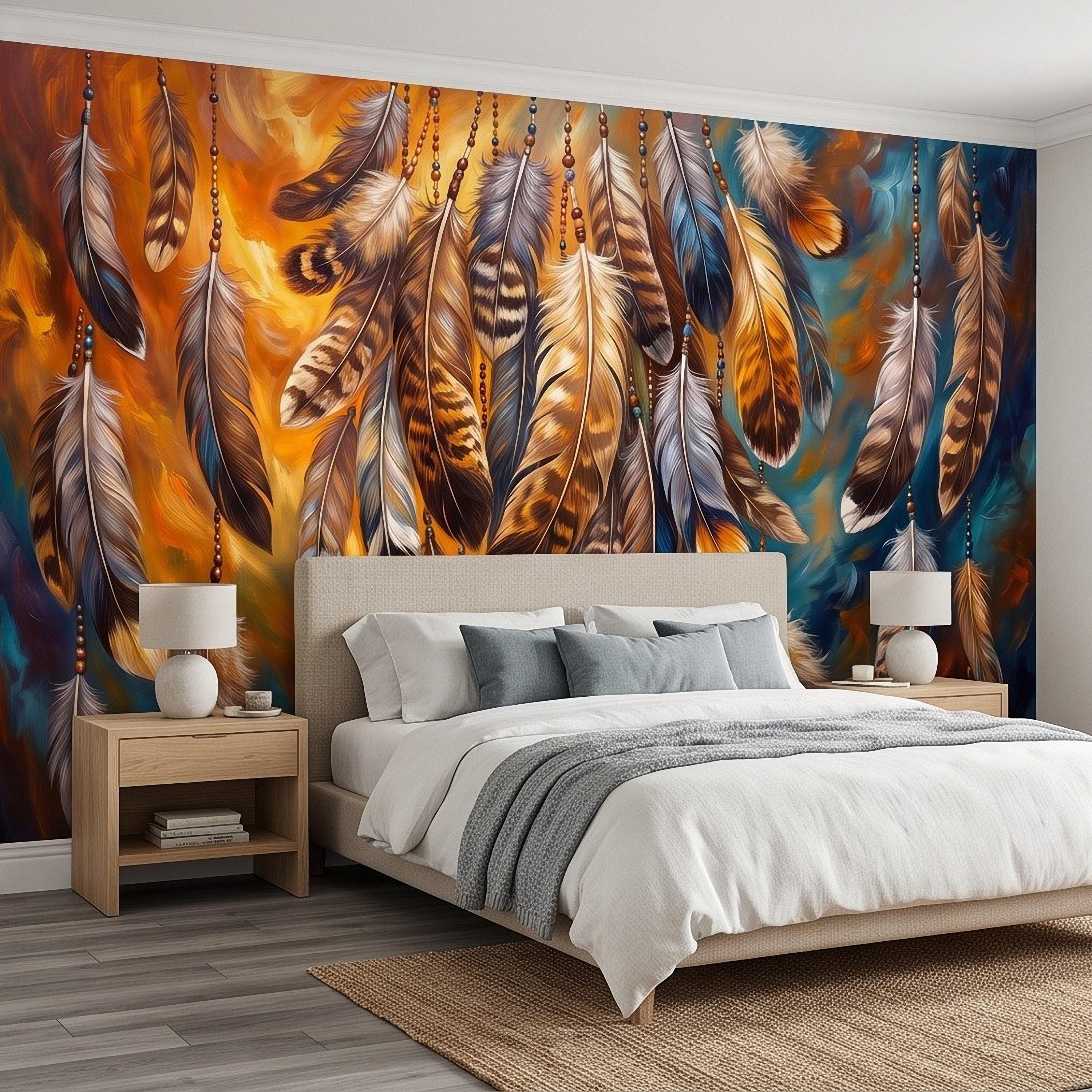 Bohemian Feather Peel and Stick Wall Mural, Hanging Beaded Feathers Southwestern Teal Burnt Orange Abstract Wallpaper