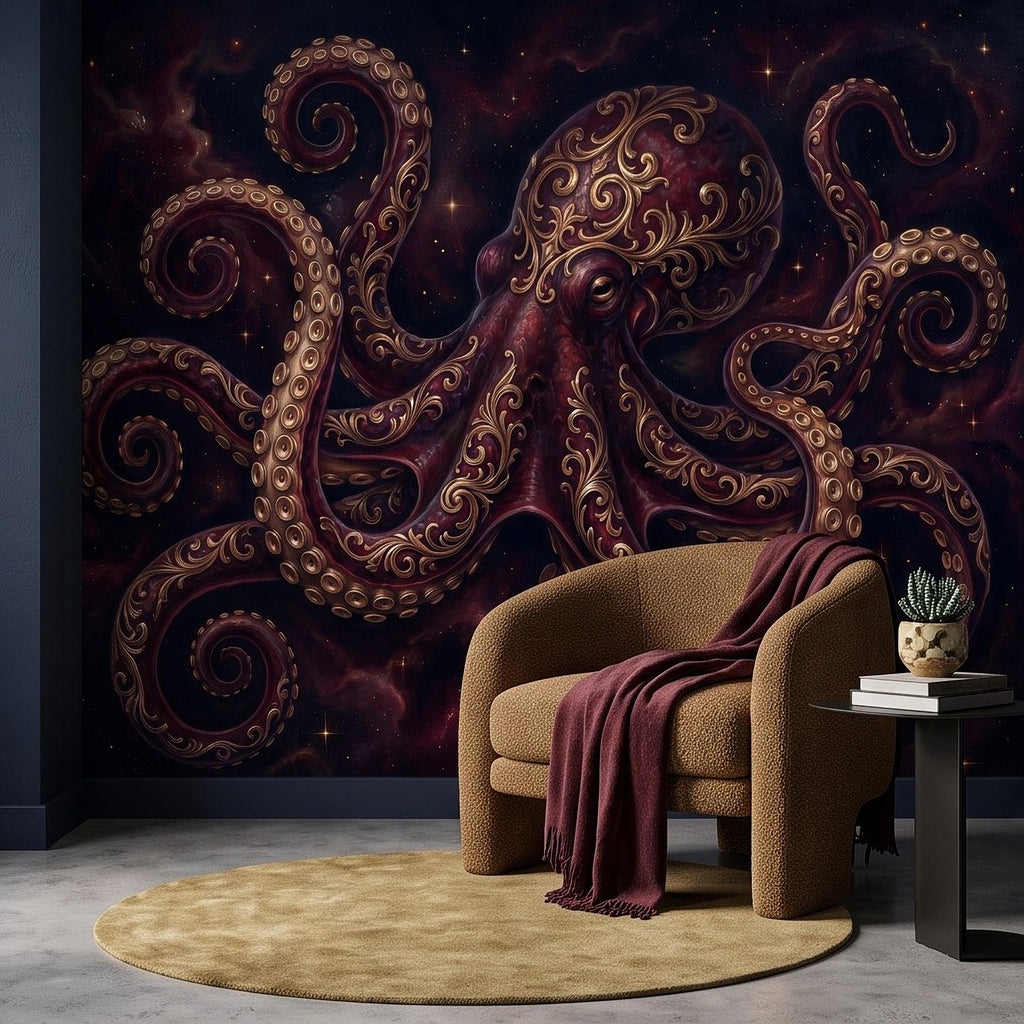 Burgundy Octopus Peel and Stick Wall Mural, Antique Gold Baroque Tentacles, Celestial Cosmic Dark Fantasy Wallpaper