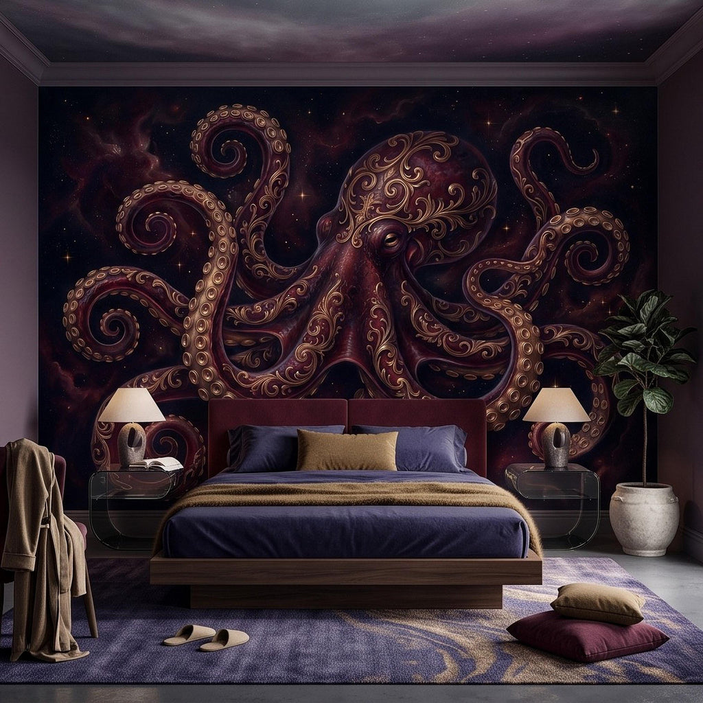 Burgundy Octopus Peel and Stick Wall Mural, Antique Gold Baroque Tentacles, Celestial Cosmic Dark Fantasy Wallpaper