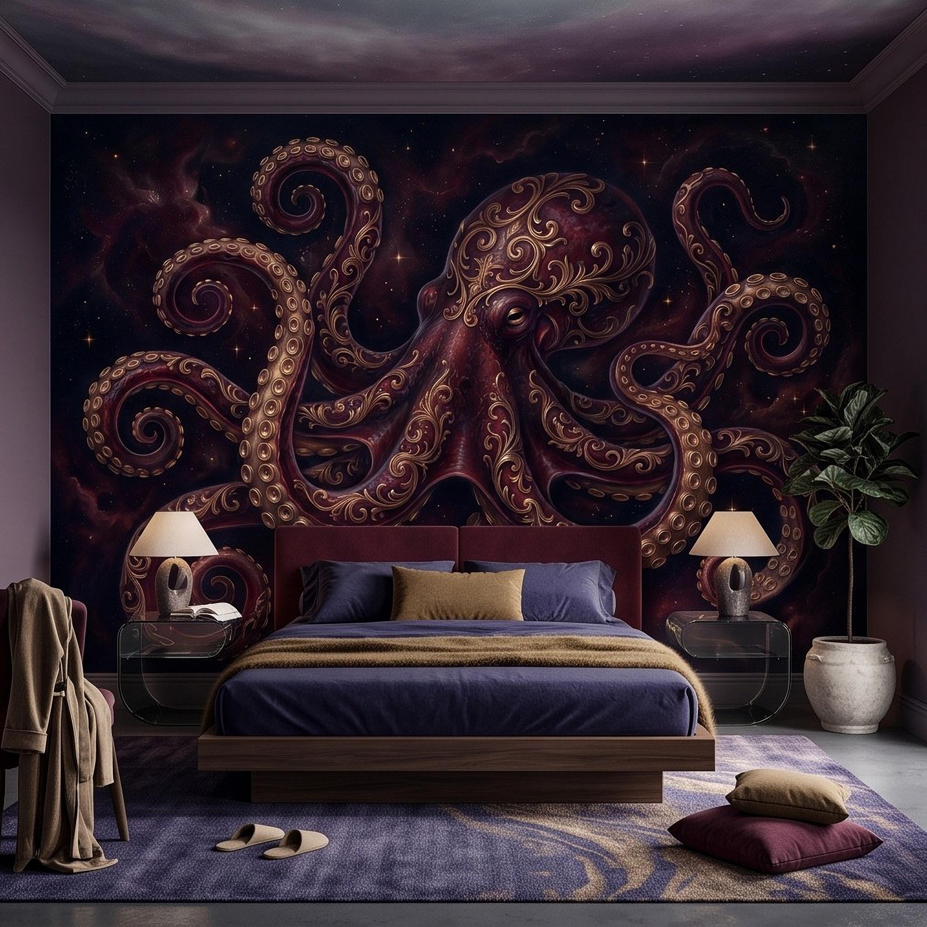 Burgundy Octopus Peel and Stick Wall Mural, Antique Gold Baroque Tentacles, Celestial Cosmic Dark Fantasy Wallpaper