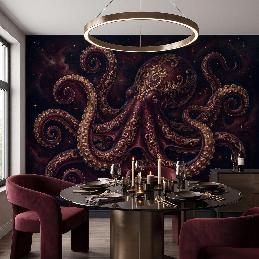 Burgundy Octopus Peel and Stick Wall Mural, Antique Gold Baroque Tentacles, Celestial Cosmic Dark Fantasy Wallpaper