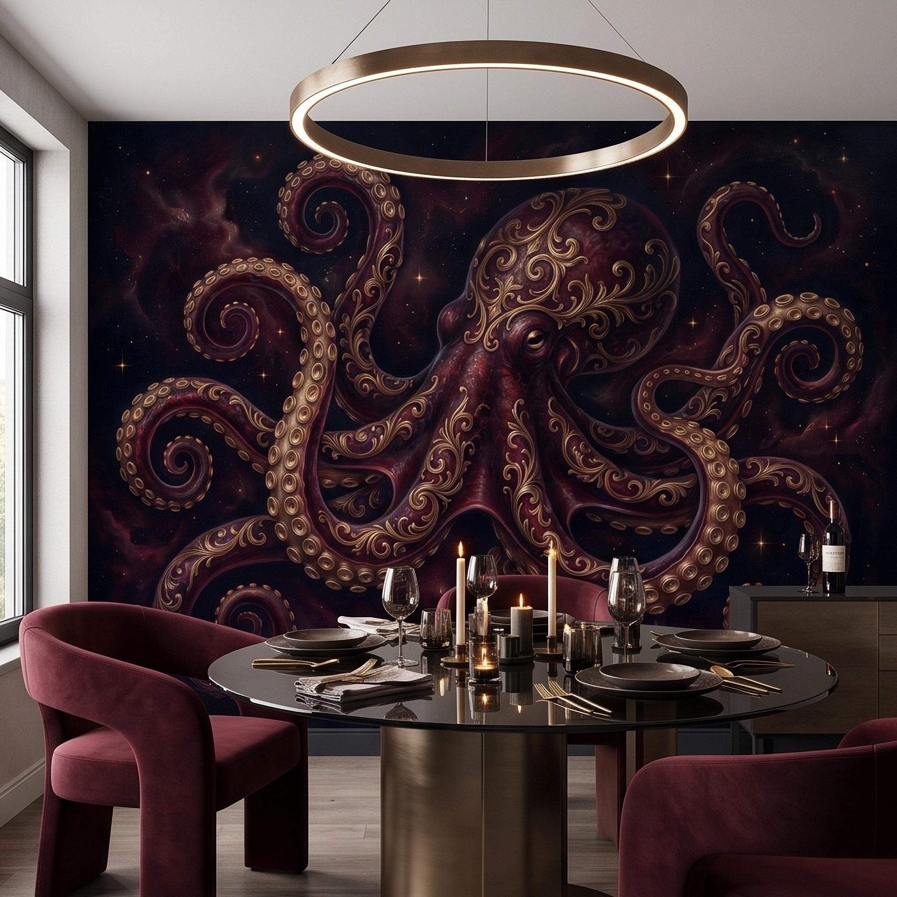 Burgundy Octopus Peel and Stick Wall Mural, Antique Gold Baroque Tentacles, Celestial Cosmic Dark Fantasy Wallpaper