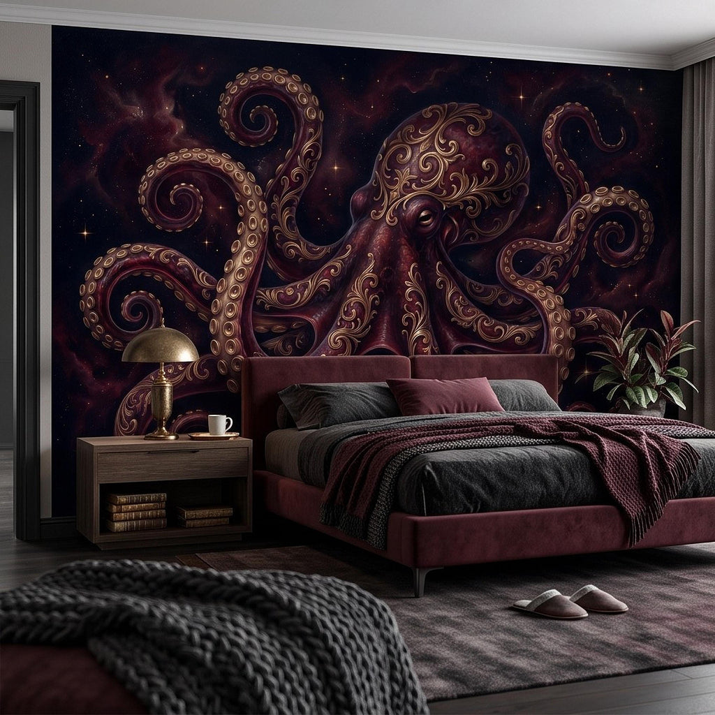 Burgundy Octopus Peel and Stick Wall Mural, Antique Gold Baroque Tentacles, Celestial Cosmic Dark Fantasy Wallpaper