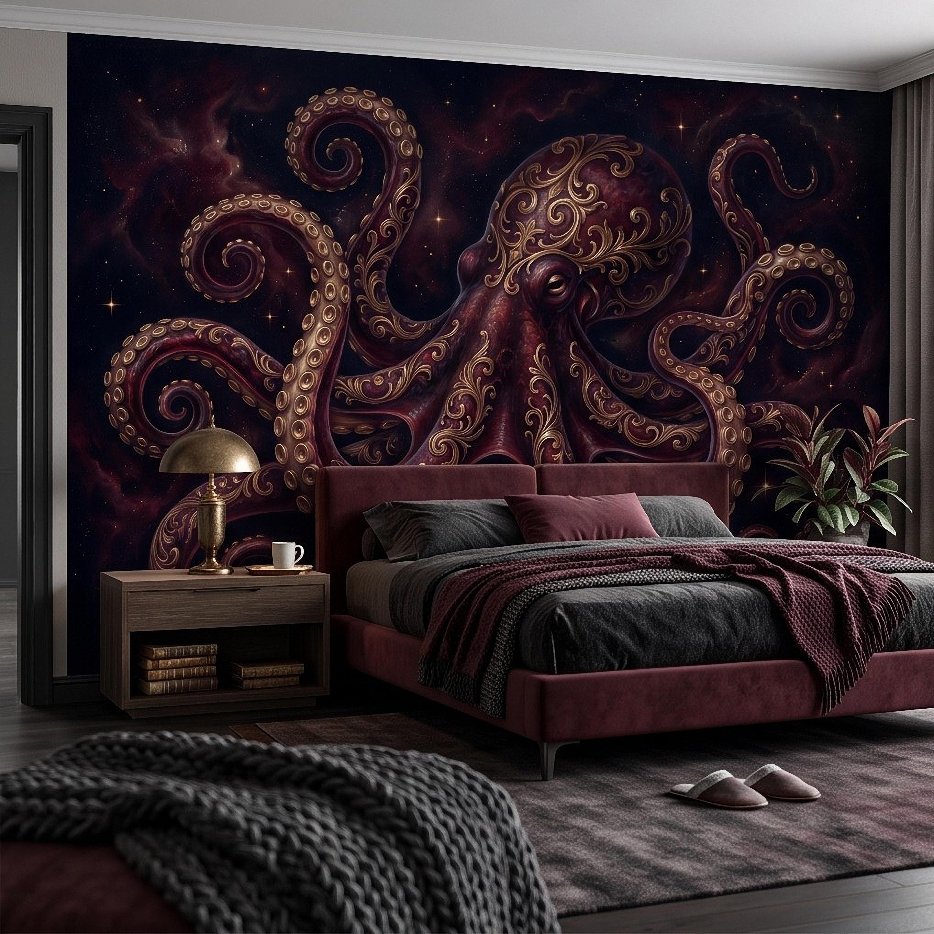 Burgundy Octopus Peel and Stick Wall Mural, Antique Gold Baroque Tentacles, Celestial Cosmic Dark Fantasy Wallpaper