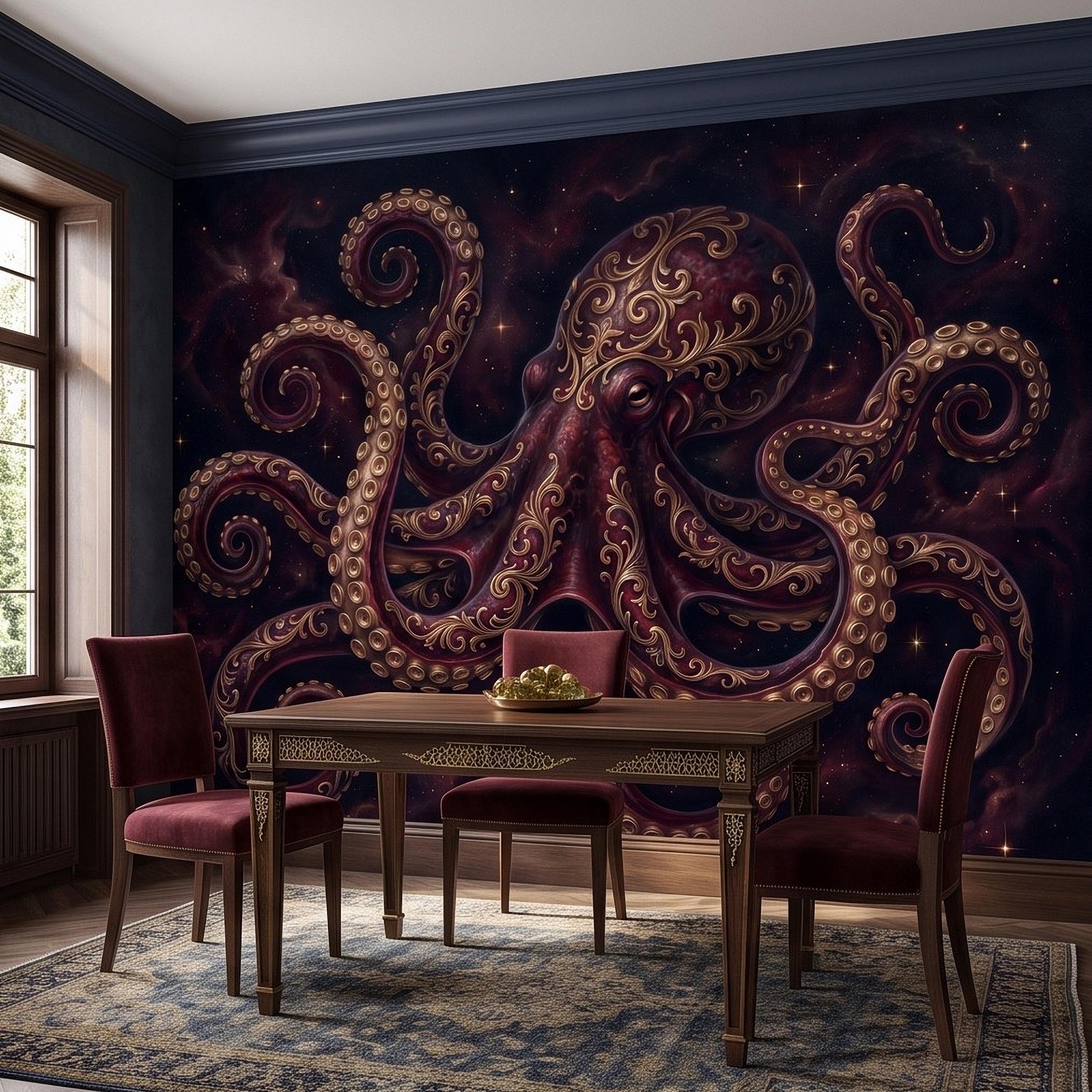 Burgundy Octopus Peel and Stick Wall Mural, Antique Gold Baroque Tentacles, Celestial Cosmic Dark Fantasy Wallpaper