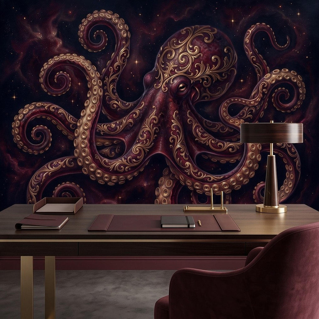 Burgundy Octopus Peel and Stick Wall Mural, Antique Gold Baroque Tentacles, Celestial Cosmic Dark Fantasy Wallpaper