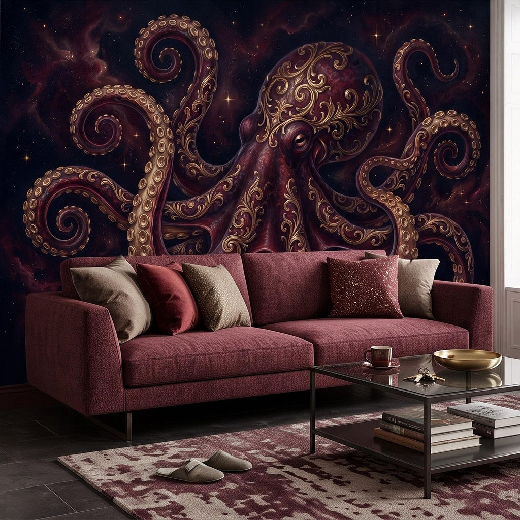 Burgundy Octopus Peel and Stick Wall Mural, Antique Gold Baroque Tentacles, Celestial Cosmic Dark Fantasy Wallpaper