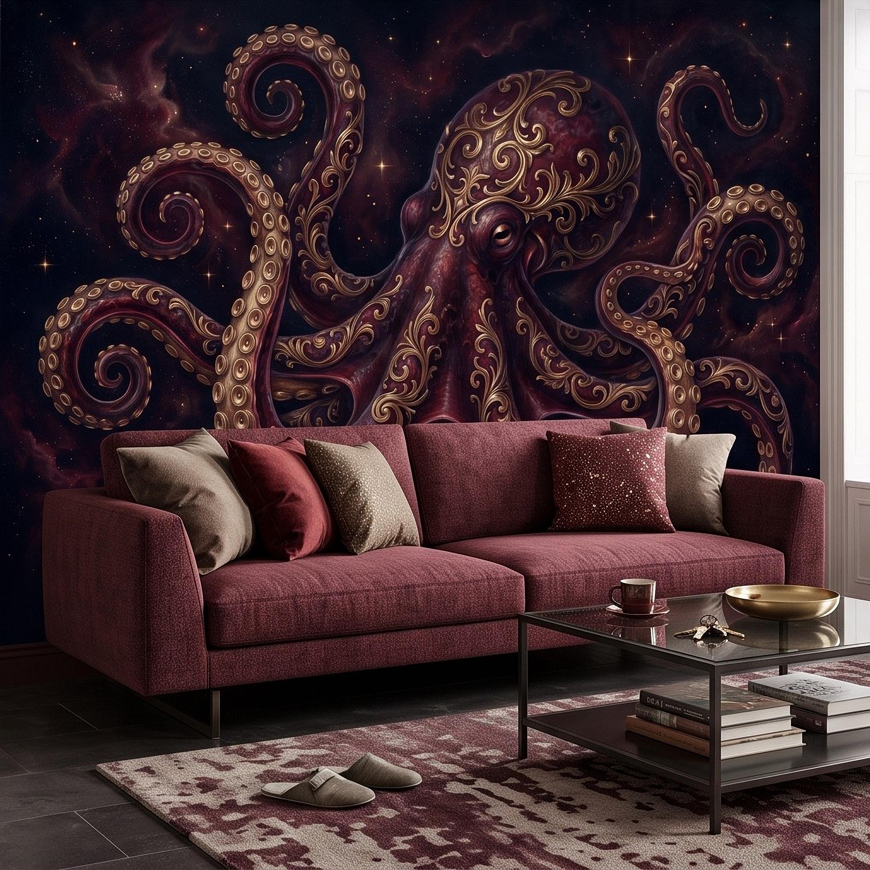 Burgundy Octopus Peel and Stick Wall Mural, Antique Gold Baroque Tentacles, Celestial Cosmic Dark Fantasy Wallpaper