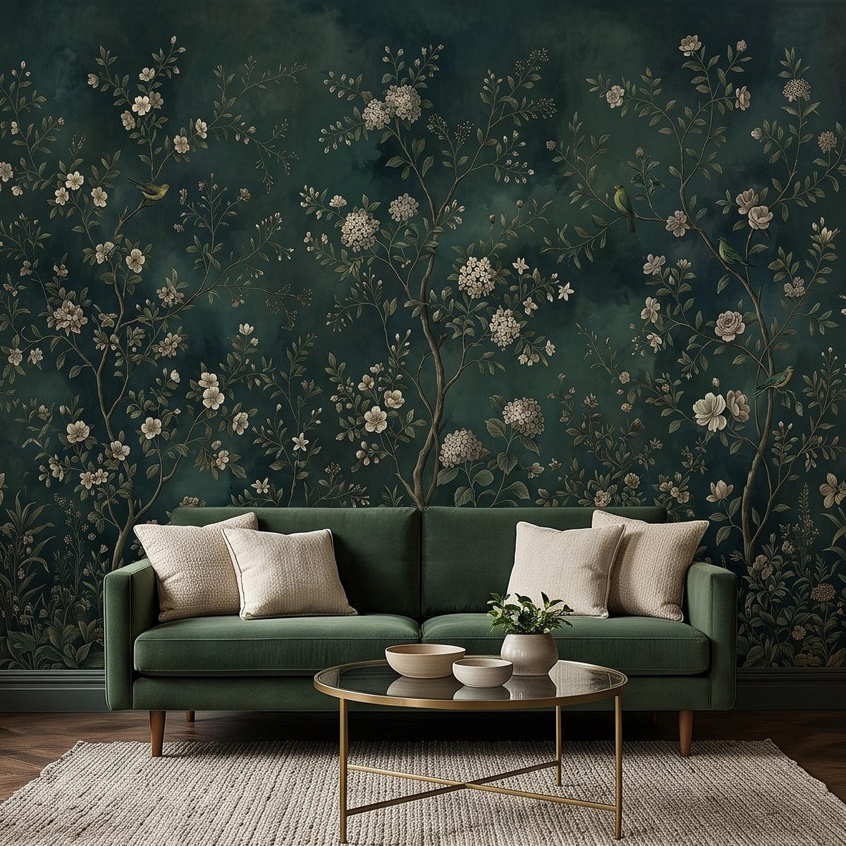 Dark Green Chinoiserie Peel and Stick Wall Mural, Ivory Floral Branches Birds Vintage Botanical Garden Elegant Old World Painting Wallpaper - The Fine Art Murals