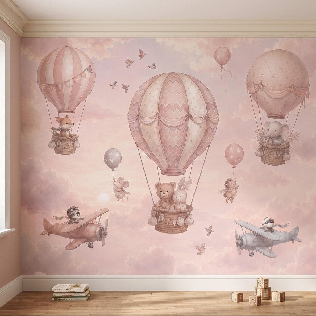 Whimsical Animal Hot Air Balloon Adventure Peel and Stick Wall Mural, Vintage Airplanes Pastel Clouds Storybook Kids Wallpaper