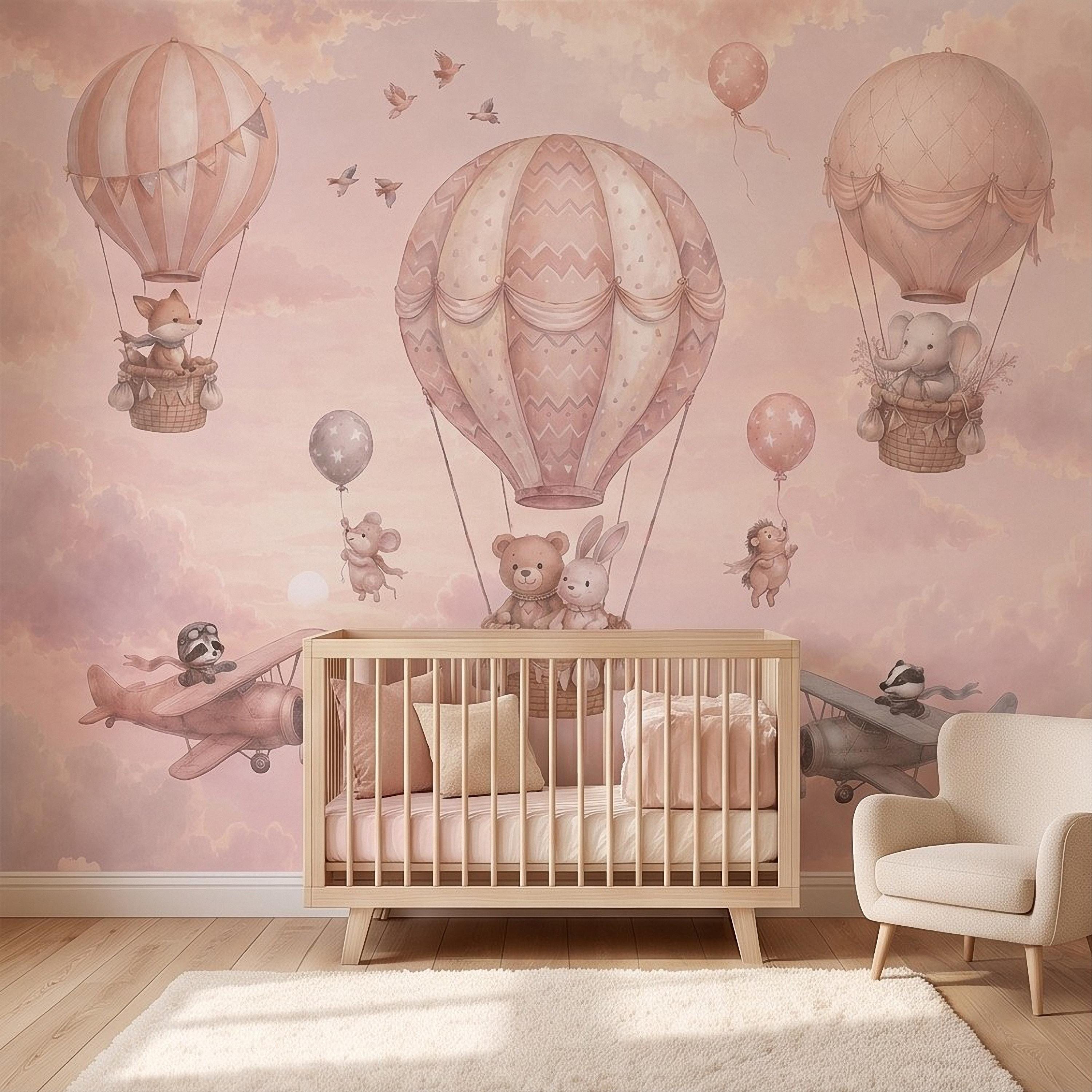 Whimsical Animal Hot Air Balloon Adventure Peel and Stick Wall Mural, Vintage Airplanes Pastel Clouds Storybook Kids Wallpaper
