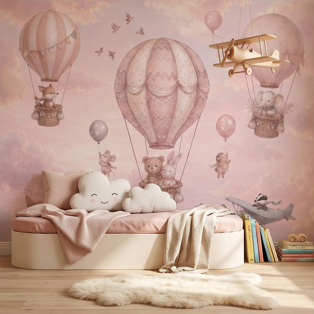 Whimsical Animal Hot Air Balloon Adventure Peel and Stick Wall Mural, Vintage Airplanes Pastel Clouds Storybook Kids Wallpaper