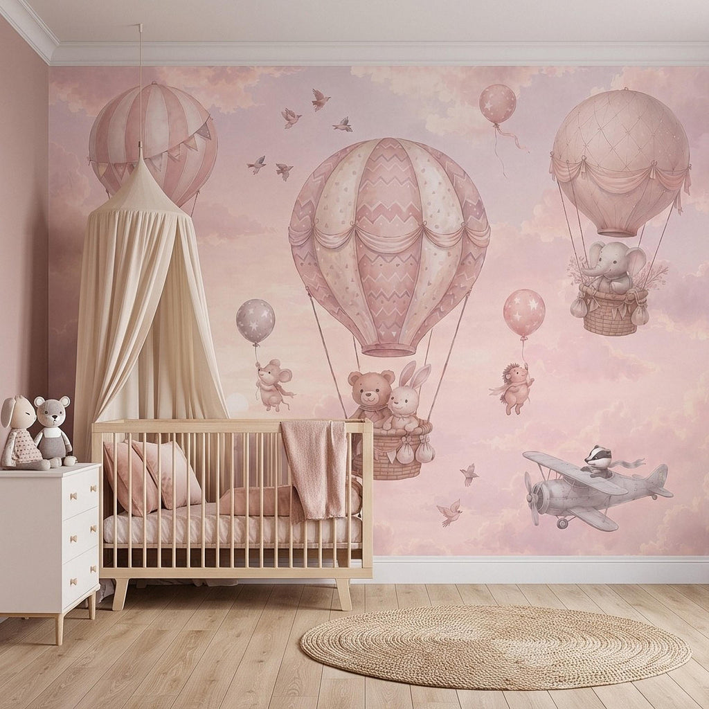 Whimsical Animal Hot Air Balloon Adventure Peel and Stick Wall Mural, Vintage Airplanes Pastel Clouds Storybook Kids Wallpaper