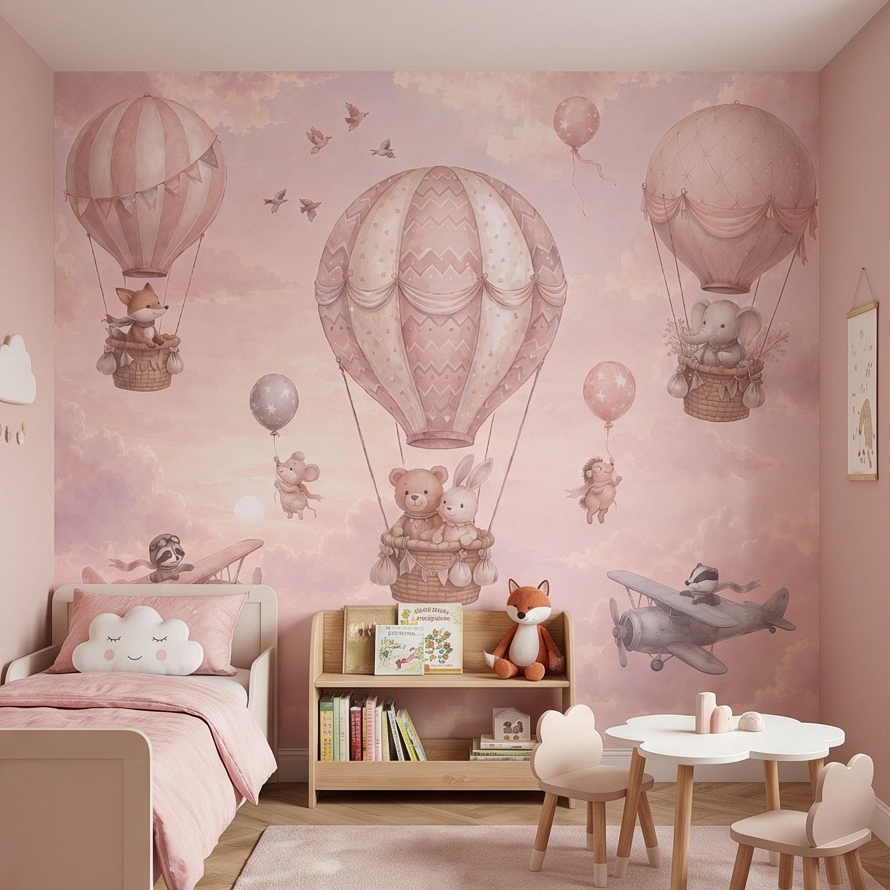 Whimsical Animal Hot Air Balloon Adventure Peel and Stick Wall Mural, Vintage Airplanes Pastel Clouds Storybook Kids Wallpaper