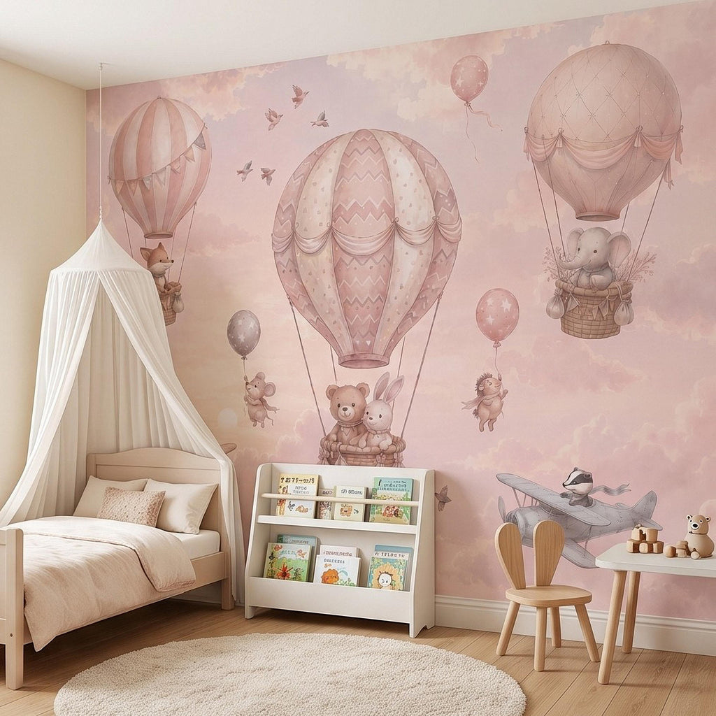 Whimsical Animal Hot Air Balloon Adventure Peel and Stick Wall Mural, Vintage Airplanes Pastel Clouds Storybook Kids Wallpaper