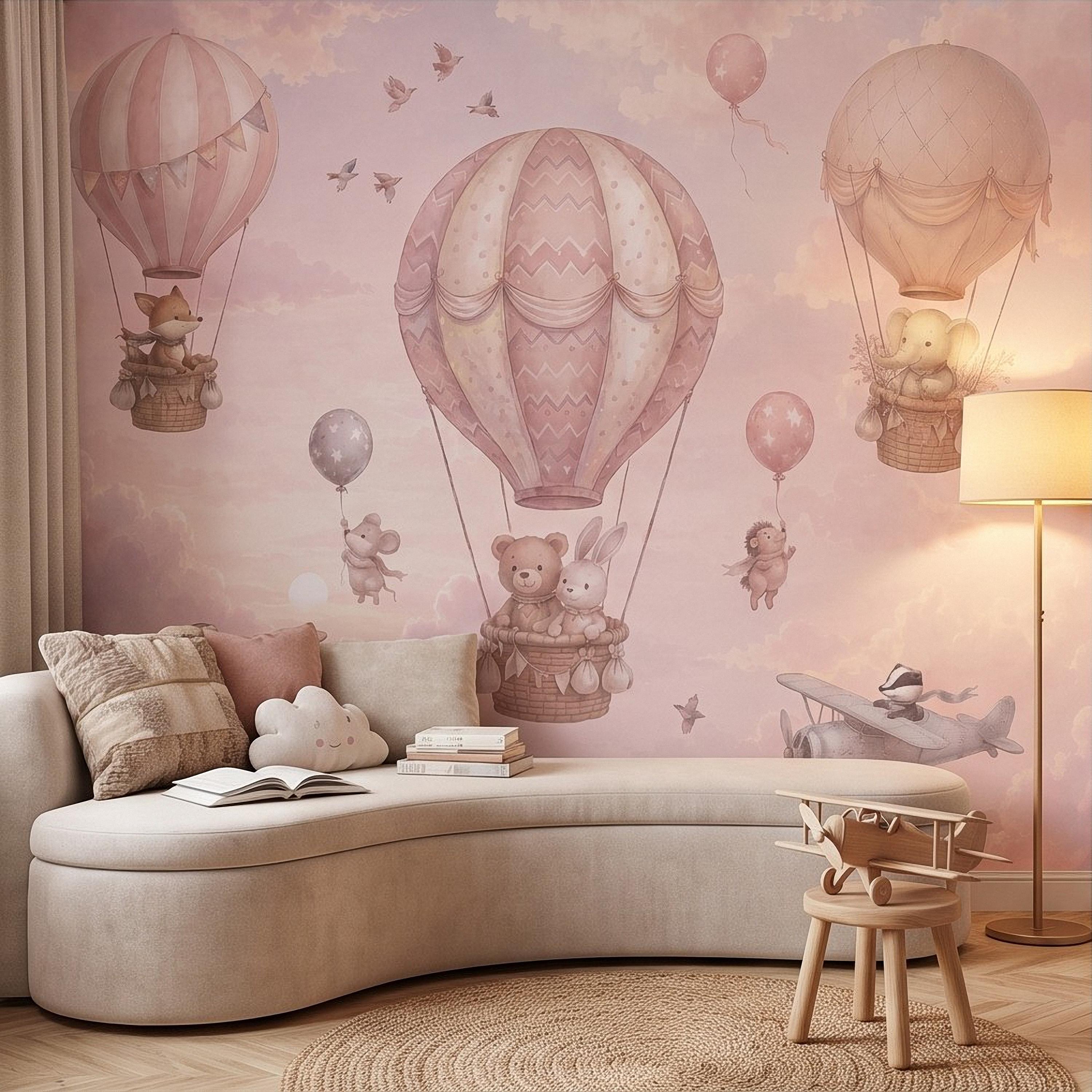 Whimsical Animal Hot Air Balloon Adventure Peel and Stick Wall Mural, Vintage Airplanes Pastel Clouds Storybook Kids Wallpaper