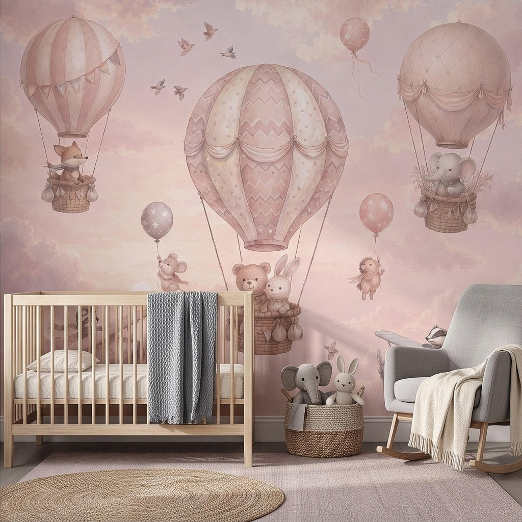 Whimsical Animal Hot Air Balloon Adventure Peel and Stick Wall Mural, Vintage Airplanes Pastel Clouds Storybook Kids Wallpaper
