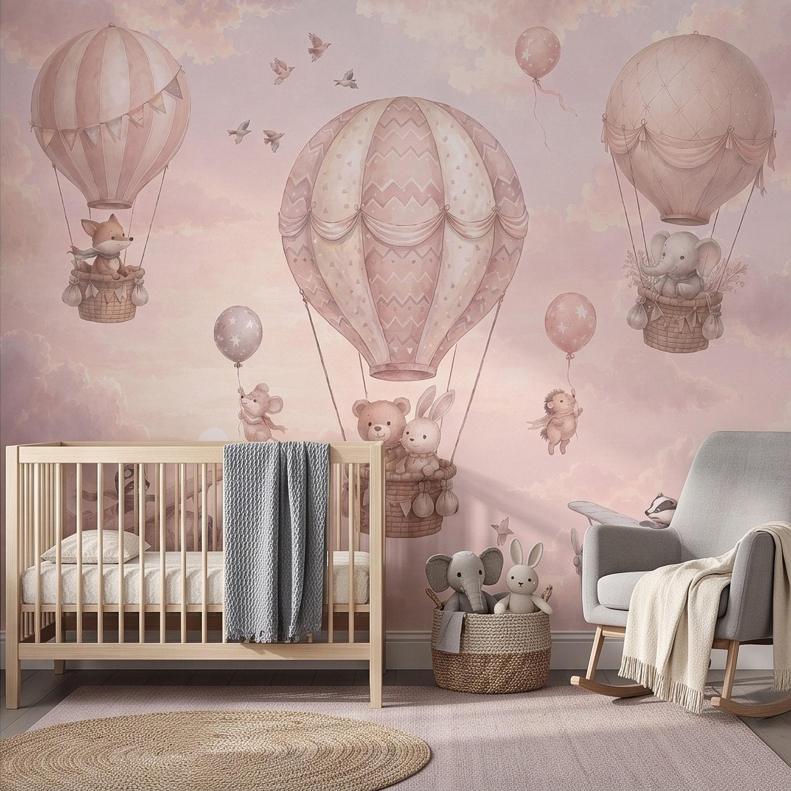 Whimsical Animal Hot Air Balloon Adventure Peel and Stick Wall Mural, Vintage Airplanes Pastel Clouds Storybook Kids Wallpaper