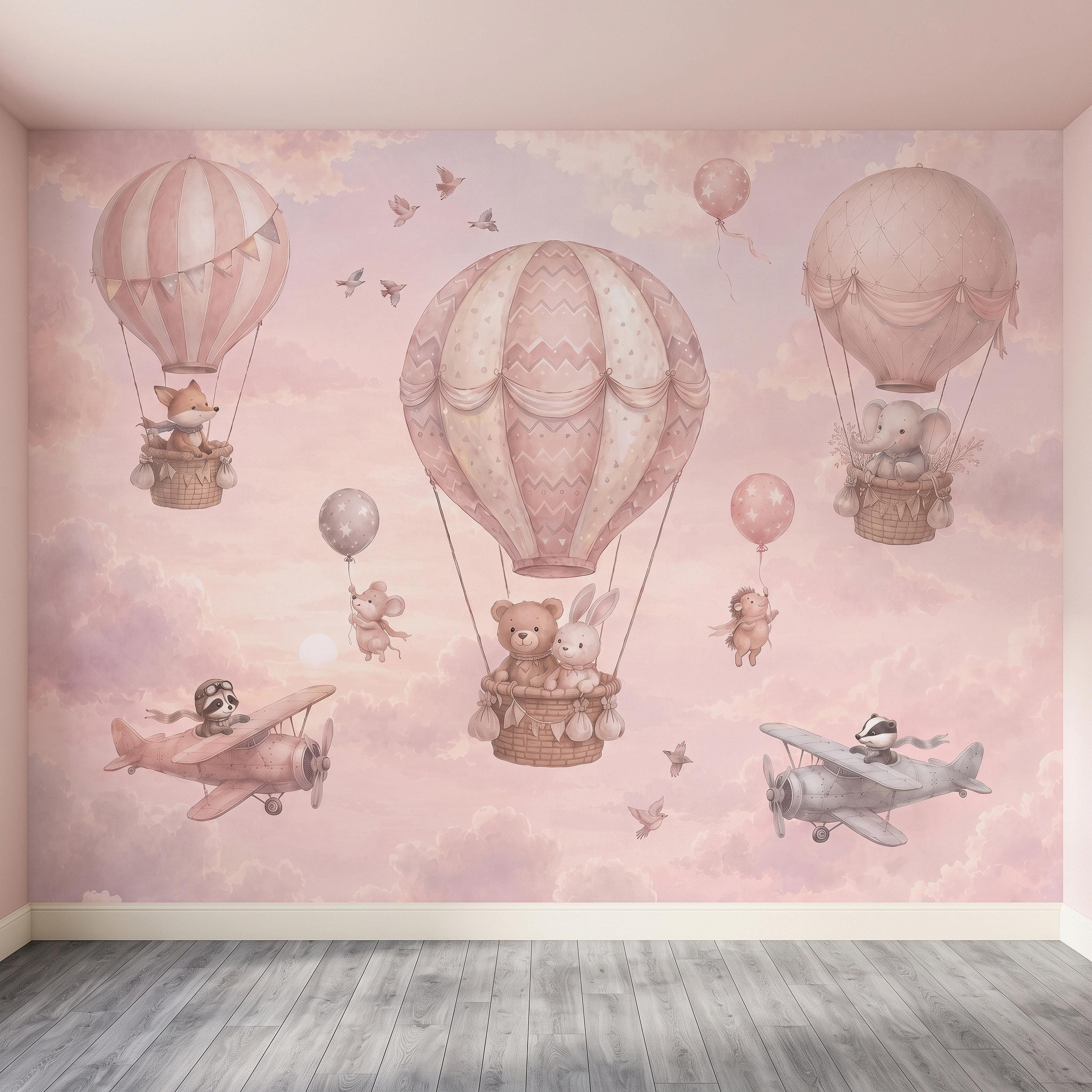 Whimsical Animal Hot Air Balloon Adventure Peel and Stick Wall Mural, Vintage Airplanes Pastel Clouds Storybook Kids Wallpaper
