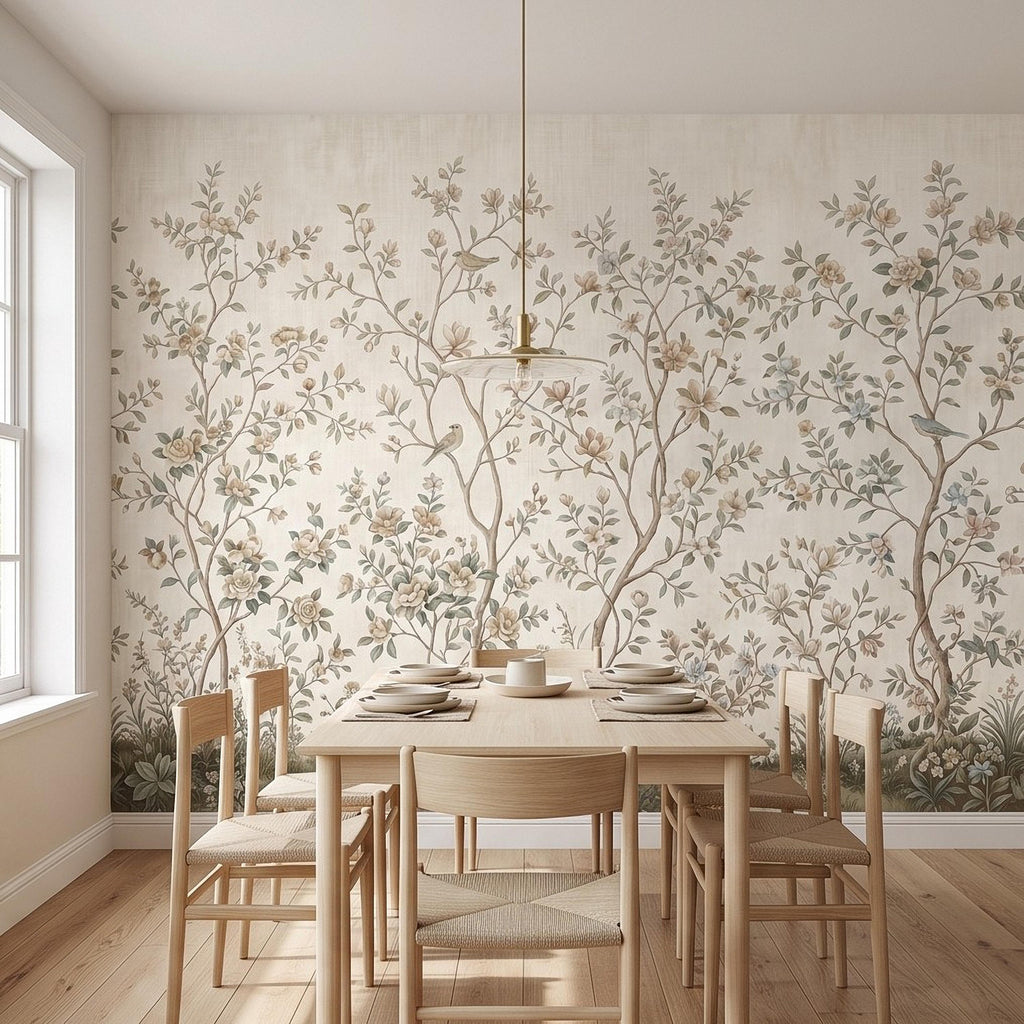 Ivory Chinoiserie Peel and Stick Wall Mural, Floral Branches Birds Soft Botanical Garden Elegant Vintage Farmhouse Painting Wallpaper