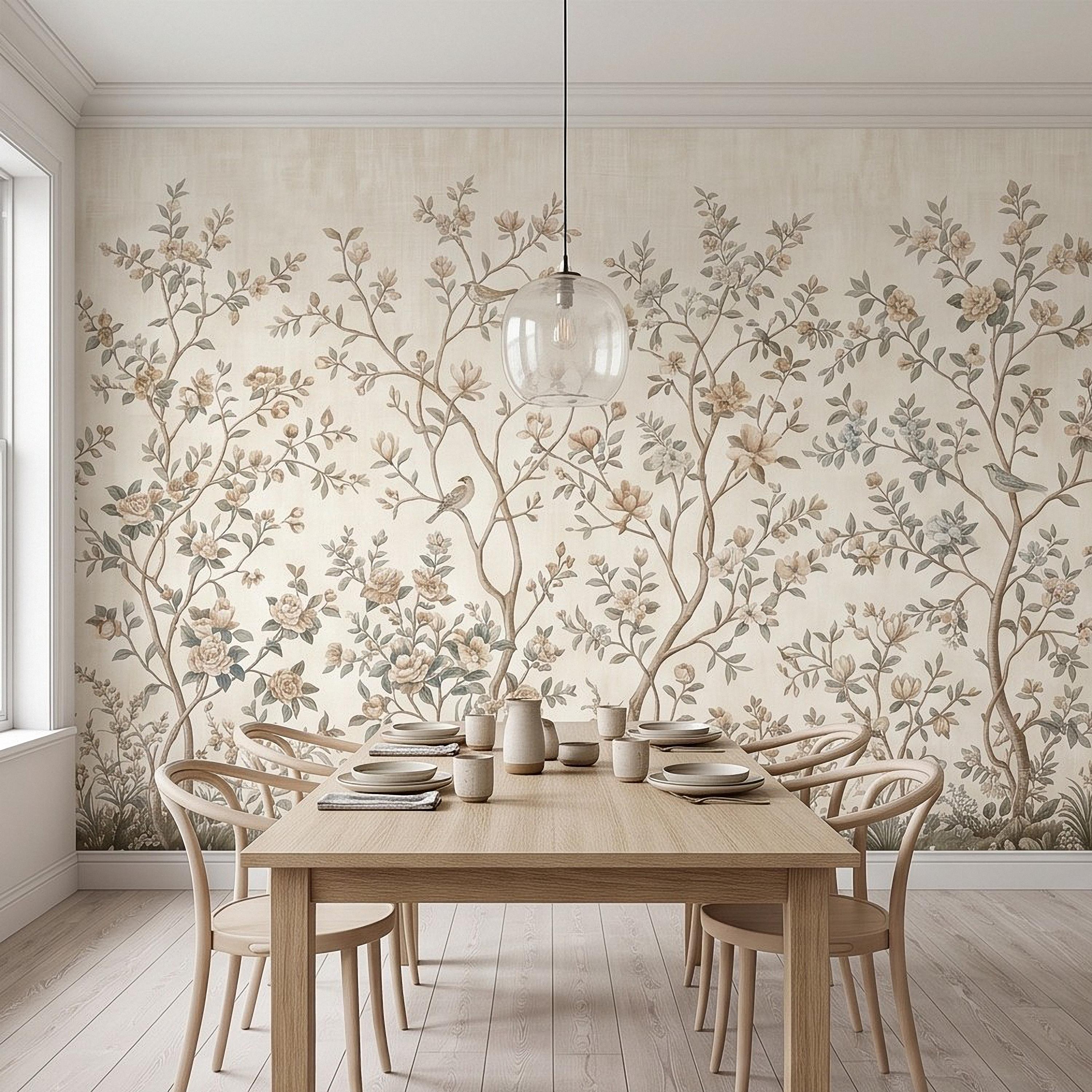 Ivory Chinoiserie Peel and Stick Wall Mural, Floral Branches Birds Soft Botanical Garden Elegant Vintage Farmhouse Painting Wallpaper