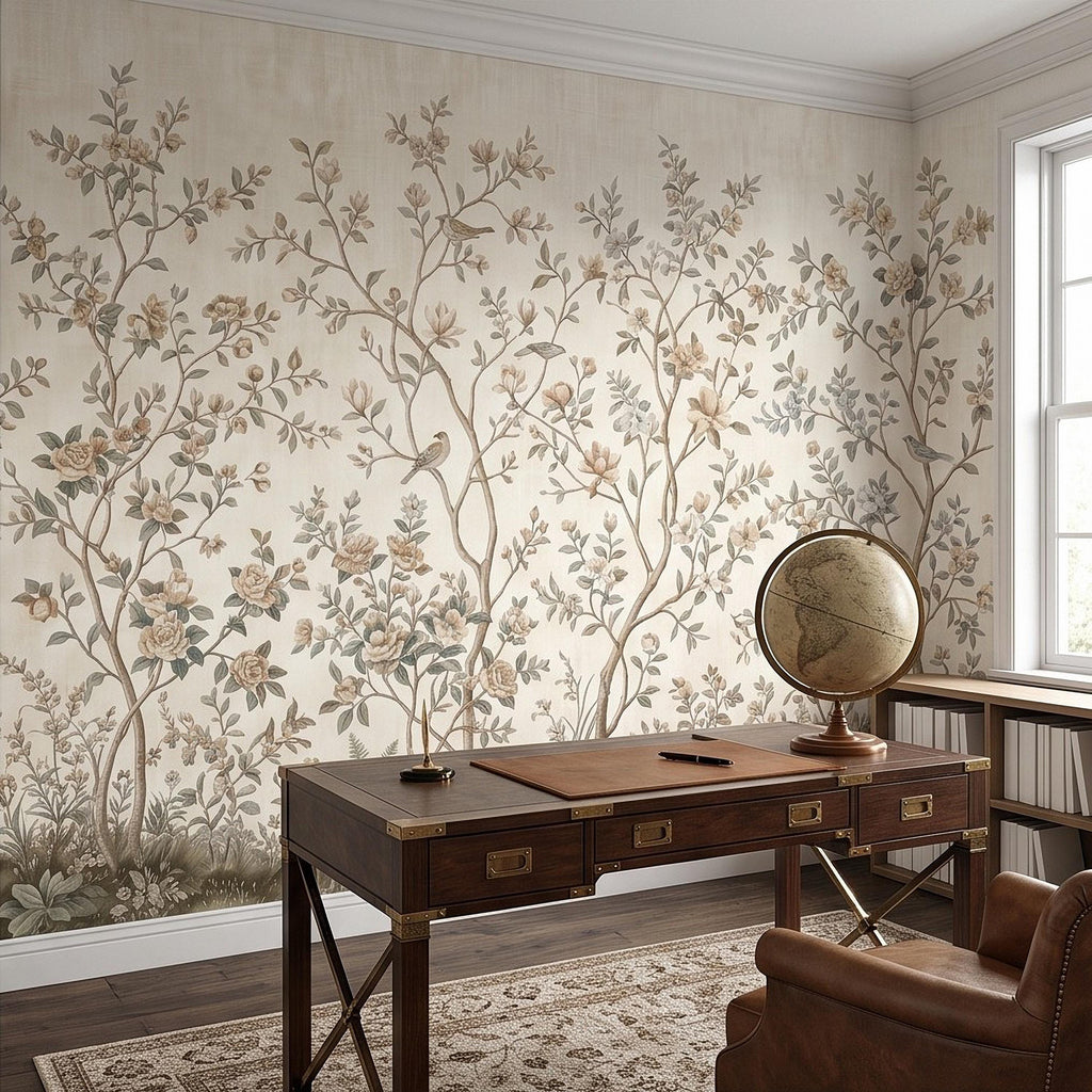 Ivory Chinoiserie Peel and Stick Wall Mural, Floral Branches Birds Soft Botanical Garden Elegant Vintage Farmhouse Painting Wallpaper