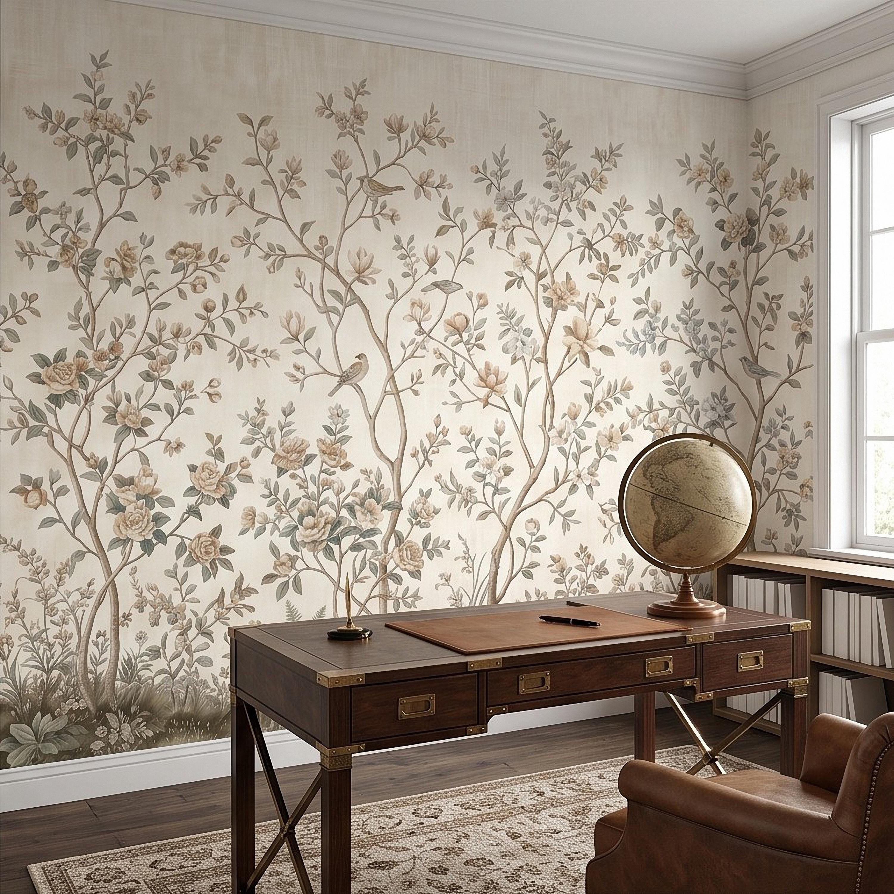 Ivory Chinoiserie Peel and Stick Wall Mural, Floral Branches Birds Soft Botanical Garden Elegant Vintage Farmhouse Painting Wallpaper