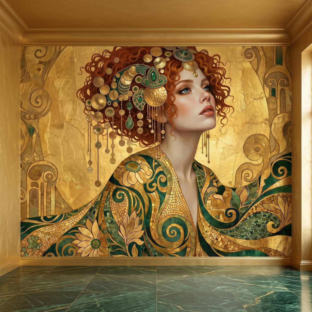 Art Nouveau Woman Peel and Stick Wall Mural, Emerald Green Gold Portrait Ornate Floral Mosaic Vintage Decorative Wallpaper - The Fine Art Murals