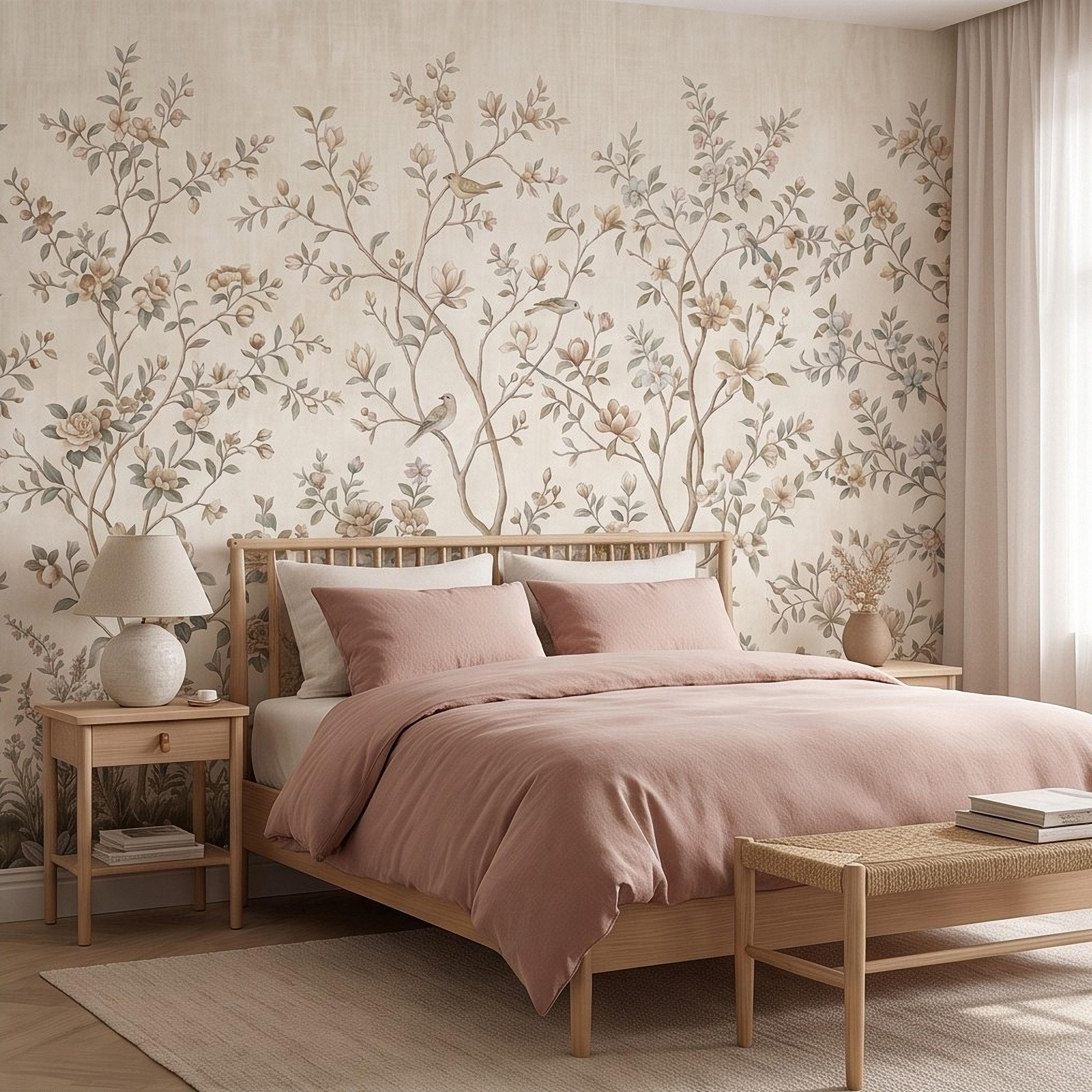 Ivory Chinoiserie Peel and Stick Wall Mural, Floral Branches Birds Soft Botanical Garden Elegant Vintage Farmhouse Painting Wallpaper