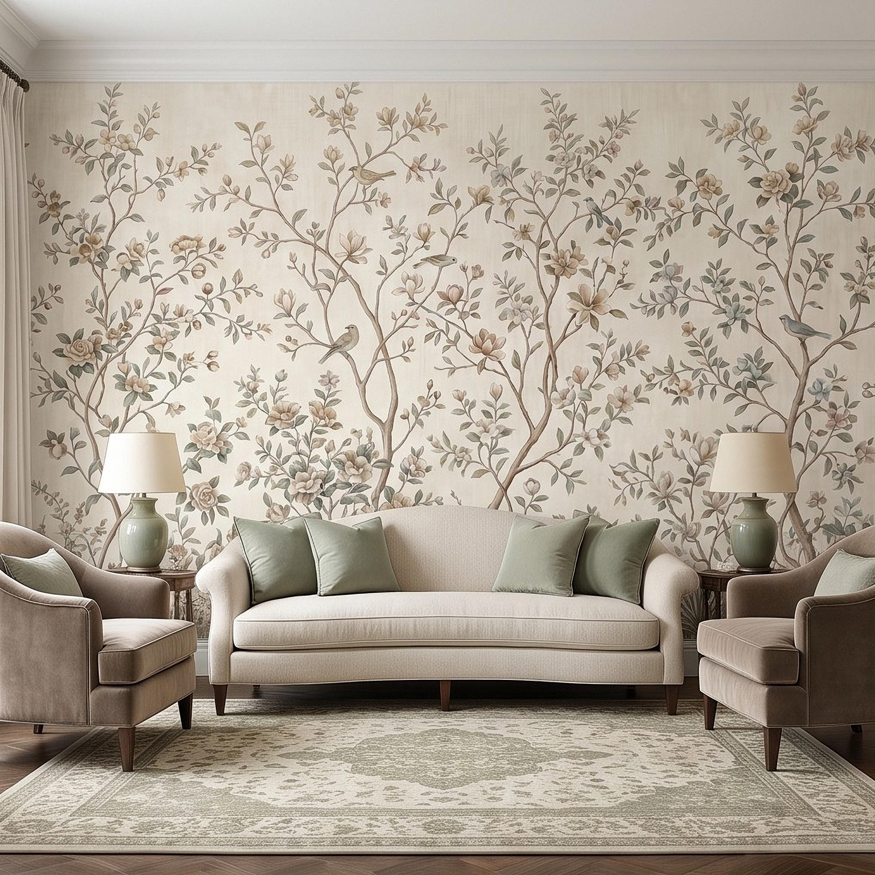 Ivory Chinoiserie Peel and Stick Wall Mural, Floral Branches Birds Soft Botanical Garden Elegant Vintage Farmhouse Painting Wallpaper