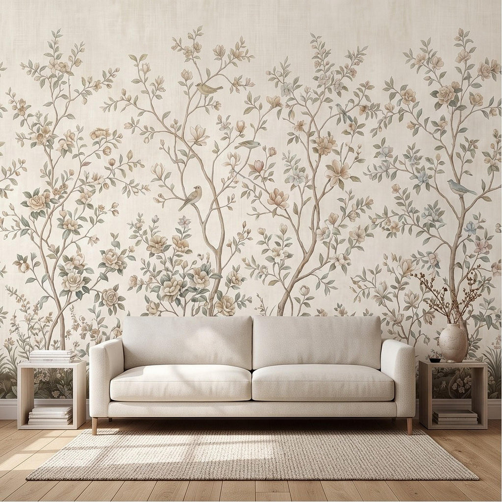 Ivory Chinoiserie Peel and Stick Wall Mural, Floral Branches Birds Soft Botanical Garden Elegant Vintage Farmhouse Painting Wallpaper