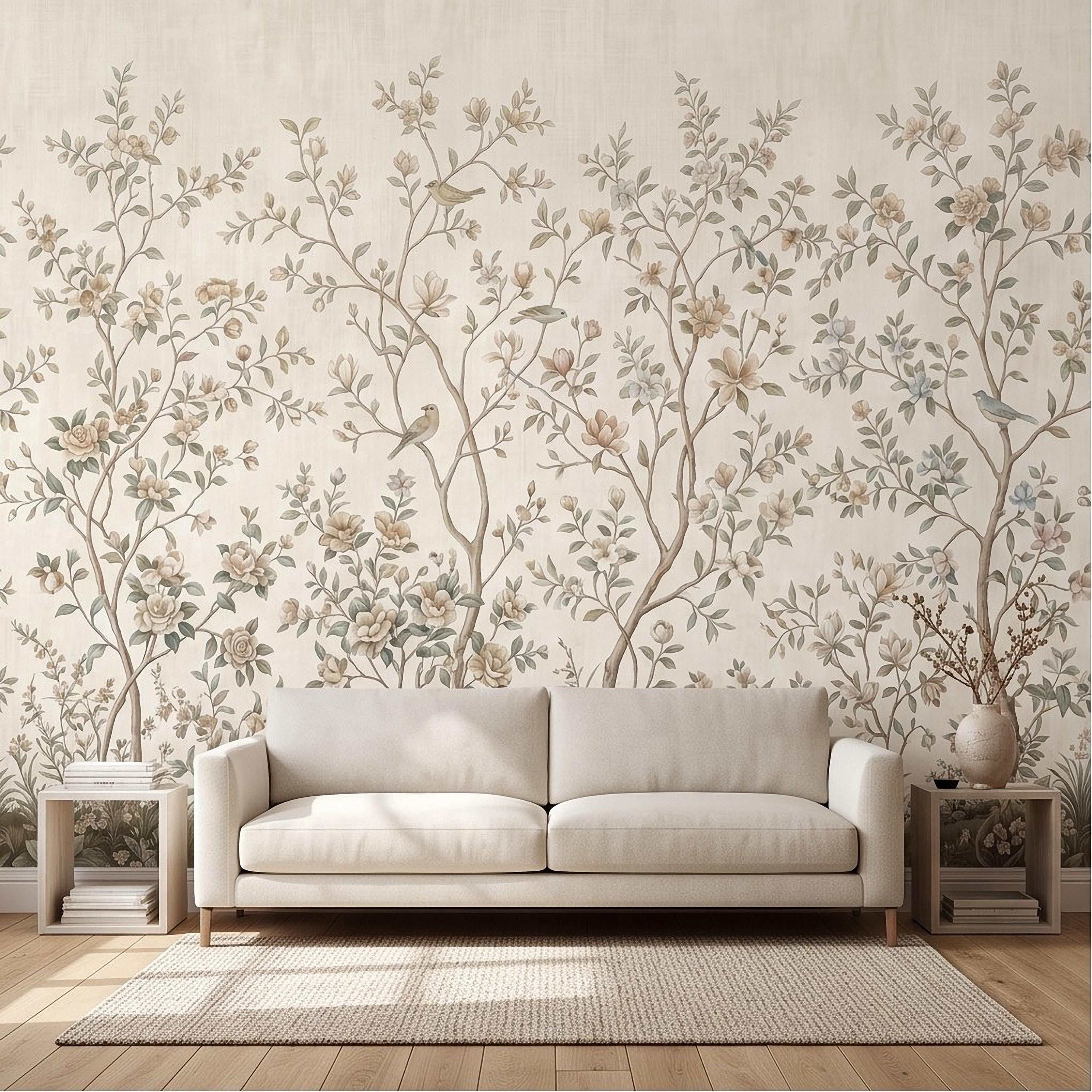 Ivory Chinoiserie Peel and Stick Wall Mural, Floral Branches Birds Soft Botanical Garden Elegant Vintage Farmhouse Painting Wallpaper