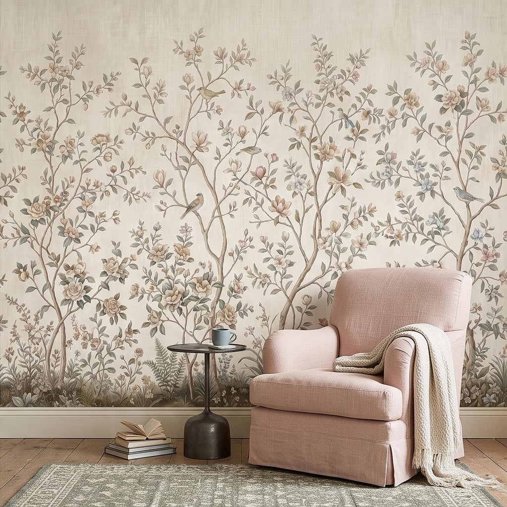 Ivory Chinoiserie Peel and Stick Wall Mural, Floral Branches Birds Soft Botanical Garden Elegant Vintage Farmhouse Painting Wallpaper