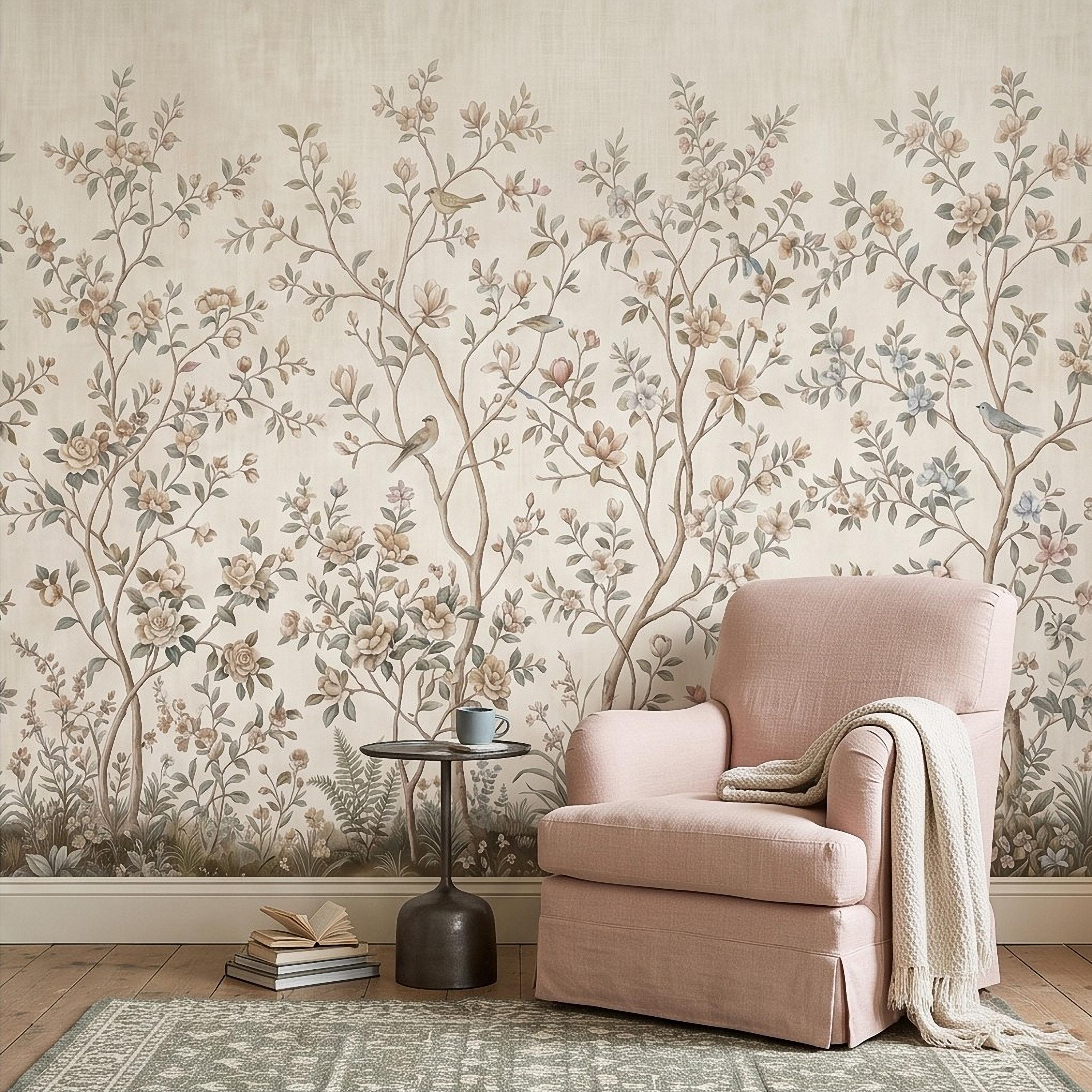 Ivory Chinoiserie Peel and Stick Wall Mural, Floral Branches Birds Soft Botanical Garden Elegant Vintage Farmhouse Painting Wallpaper