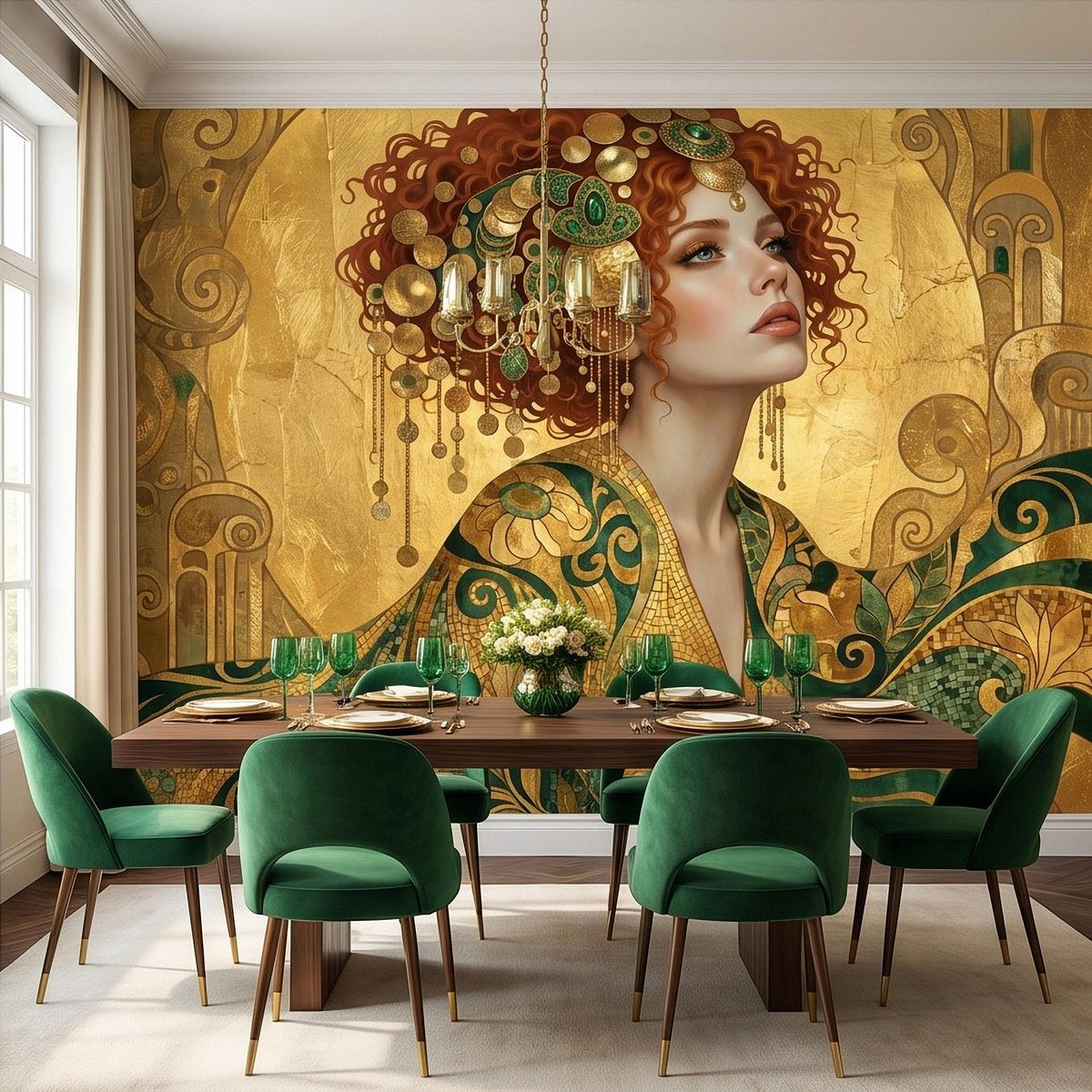 Art Nouveau Woman Peel and Stick Wall Mural, Emerald Green Gold Portrait Ornate Floral Mosaic Vintage Decorative Wallpaper - The Fine Art Murals