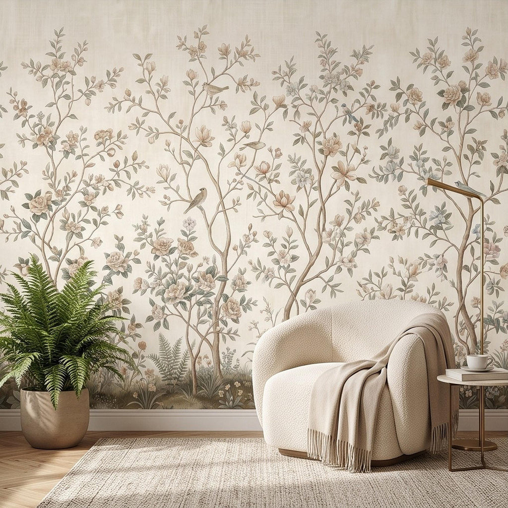 Ivory Chinoiserie Peel and Stick Wall Mural, Floral Branches Birds Soft Botanical Garden Elegant Vintage Farmhouse Painting Wallpaper