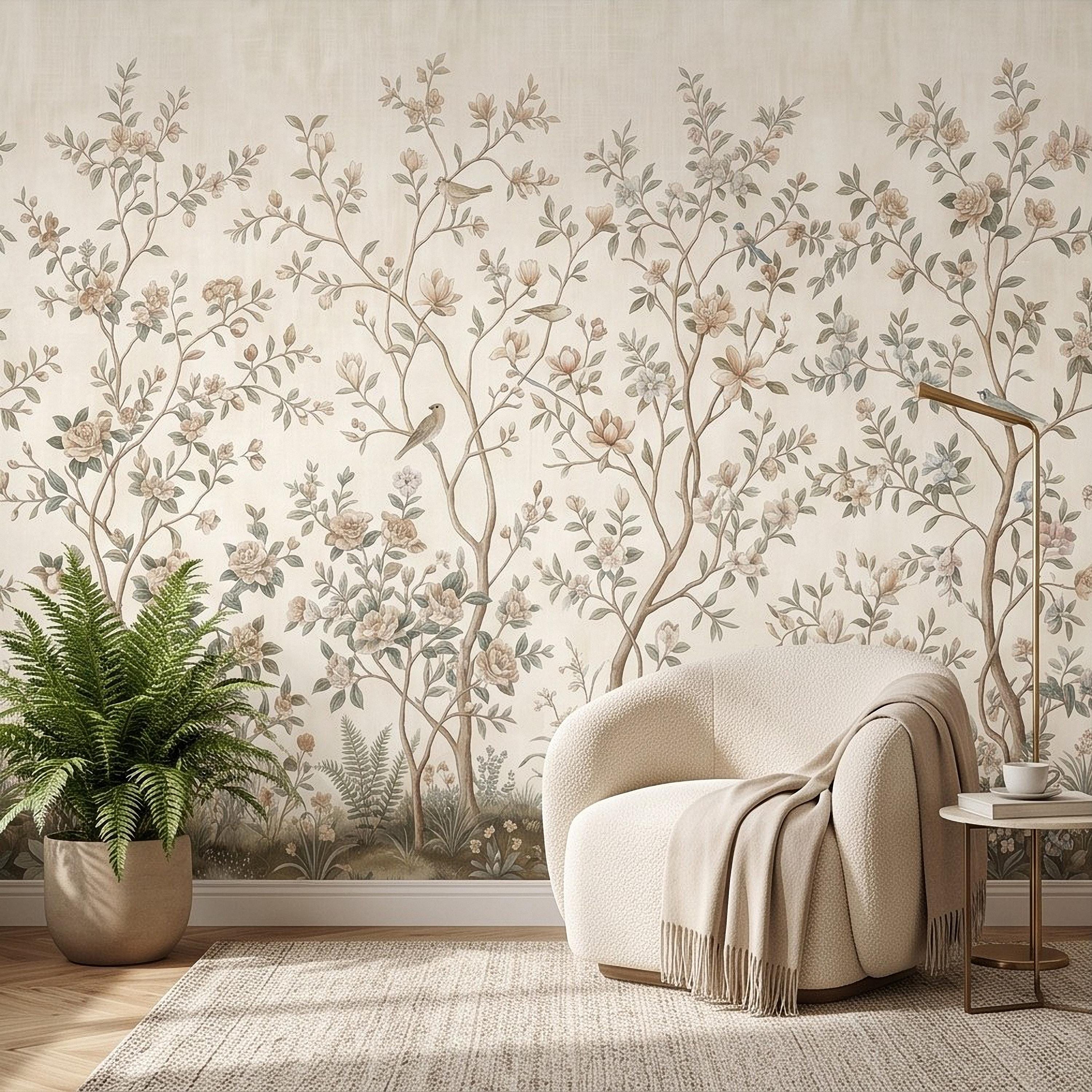 Ivory Chinoiserie Peel and Stick Wall Mural, Floral Branches Birds Soft Botanical Garden Elegant Vintage Farmhouse Painting Wallpaper