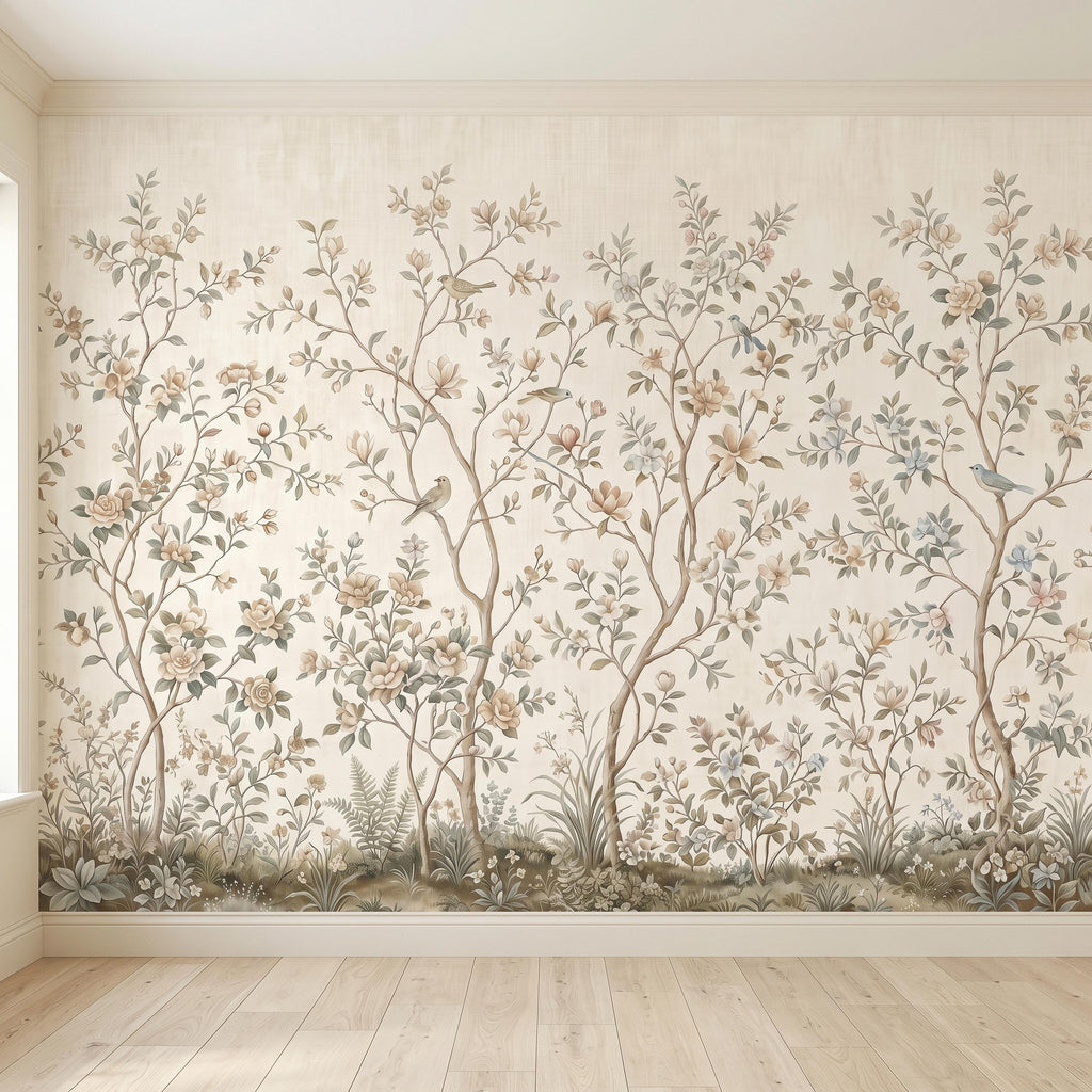 Ivory Chinoiserie Peel and Stick Wall Mural, Floral Branches Birds Soft Botanical Garden Elegant Vintage Farmhouse Painting Wallpaper