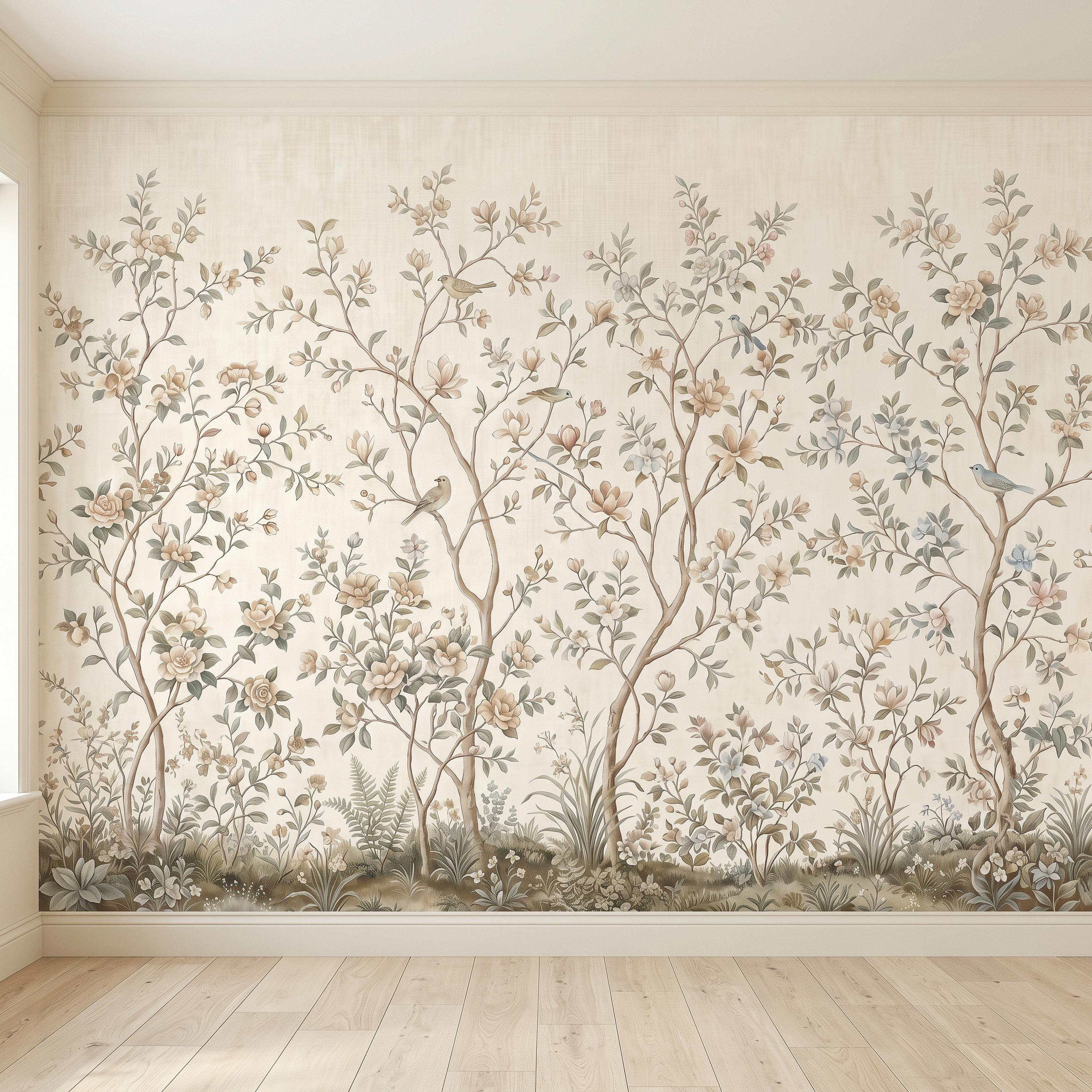 Ivory Chinoiserie Peel and Stick Wall Mural, Floral Branches Birds Soft Botanical Garden Elegant Vintage Farmhouse Painting Wallpaper