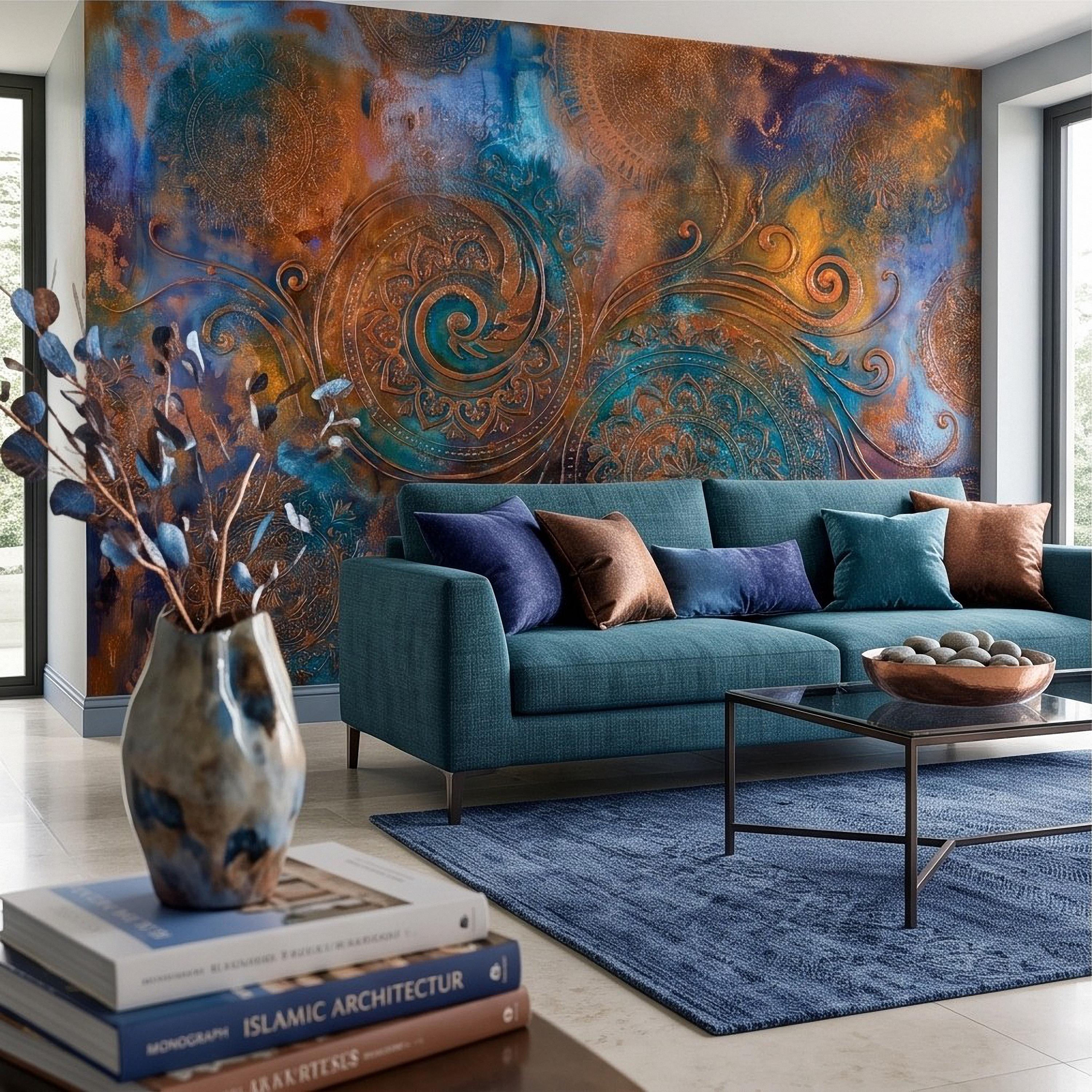 Copper Patina Peel and Stick Wall Mural, Turquoise Blue Ornamental Mandala Antique Bronze Scrollwork Bohemian Abstract Wallpaper