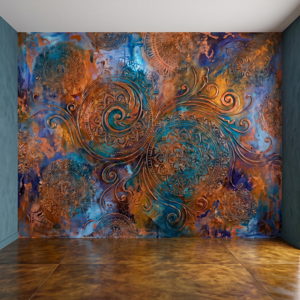 Copper Patina Peel and Stick Wall Mural, Turquoise Blue Ornamental Mandala Antique Bronze Scrollwork Bohemian Abstract Wallpaper