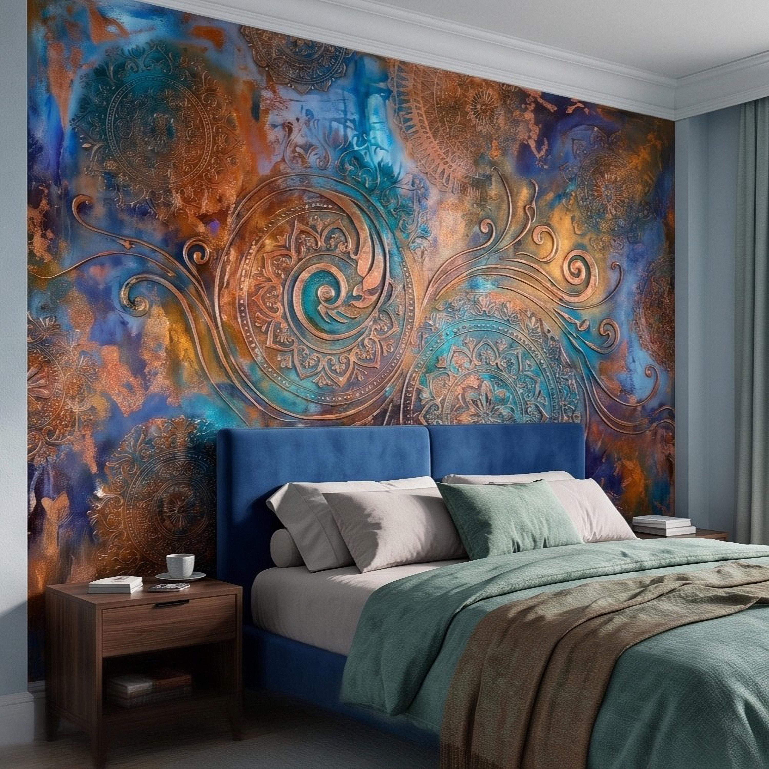 Copper Patina Peel and Stick Wall Mural, Turquoise Blue Ornamental Mandala Antique Bronze Scrollwork Bohemian Abstract Wallpaper